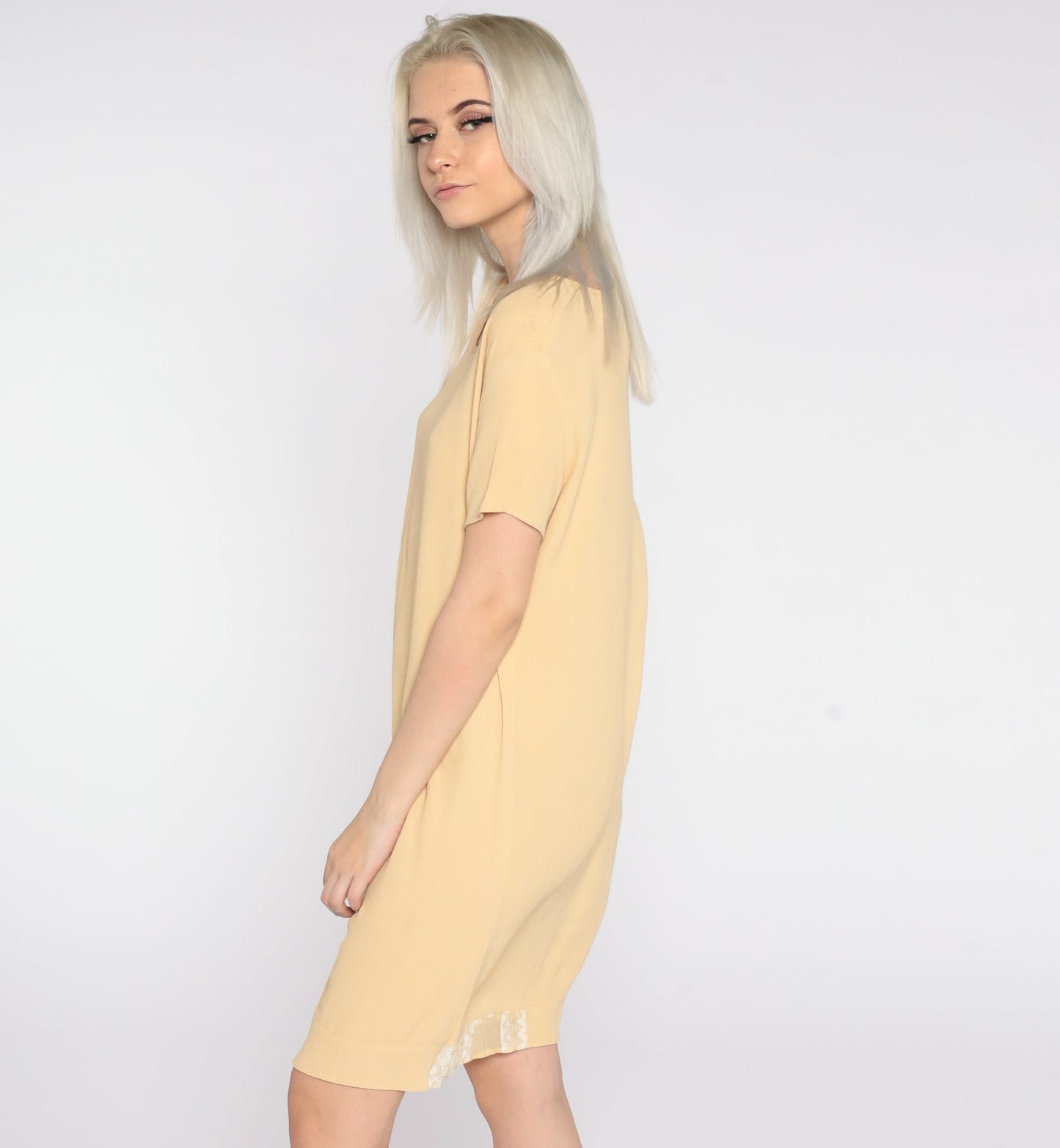 90s Yellow Mini Shift Dress Zig Zag Trim Short Sleeve Small S
