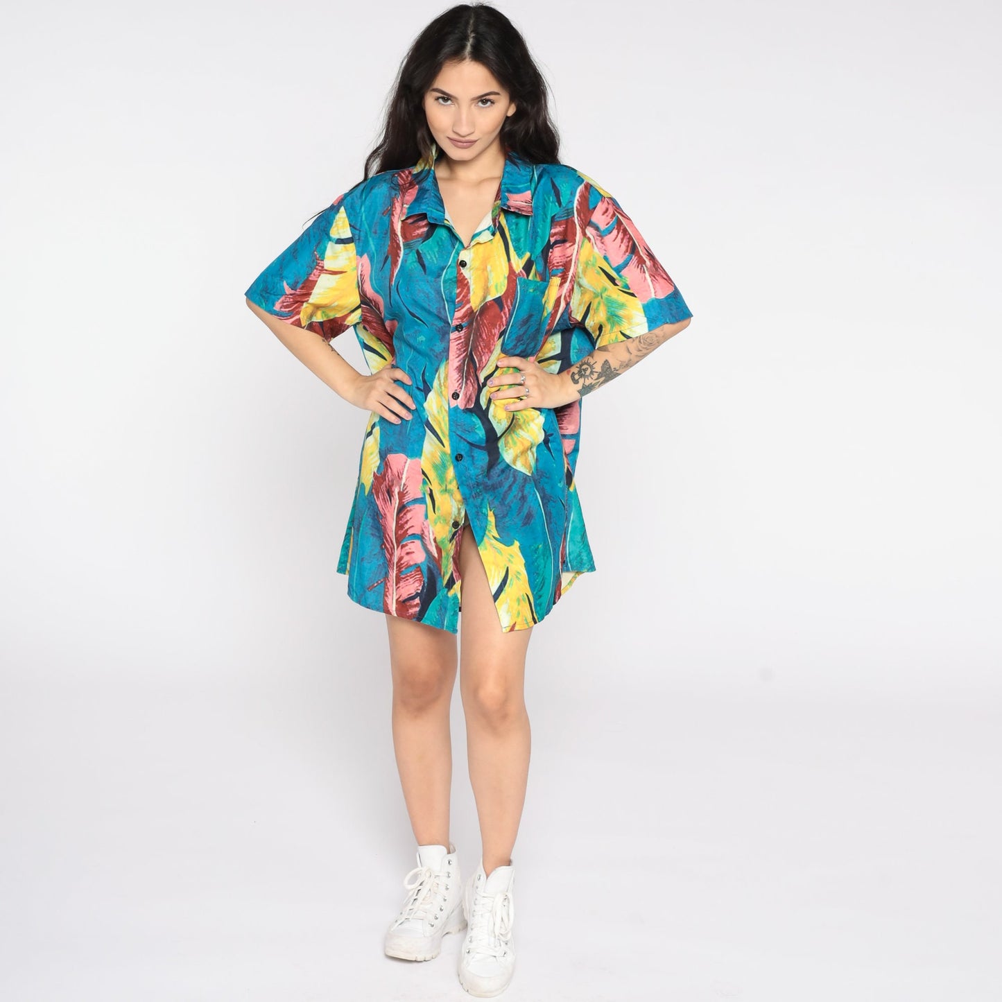 80s Tropical Leaf Print Hawaiian Button-Up Blouse Blue Short Sleeve Extra Large