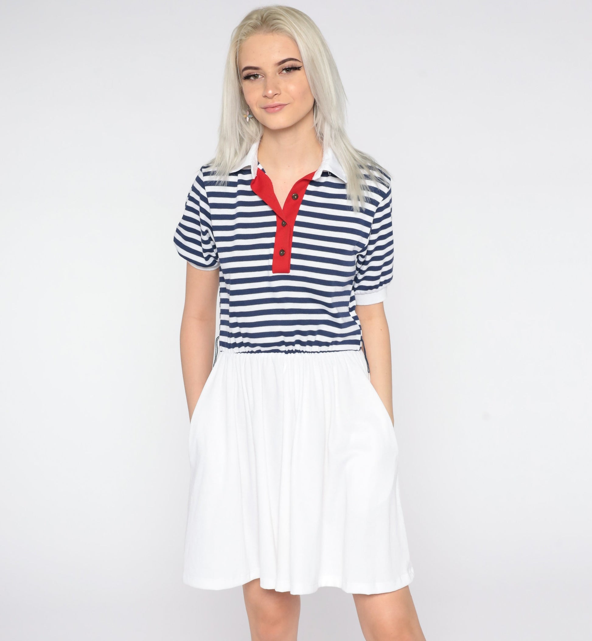 80s Nautical Striped Mini Dress White Blue Sailor High Waist Small S