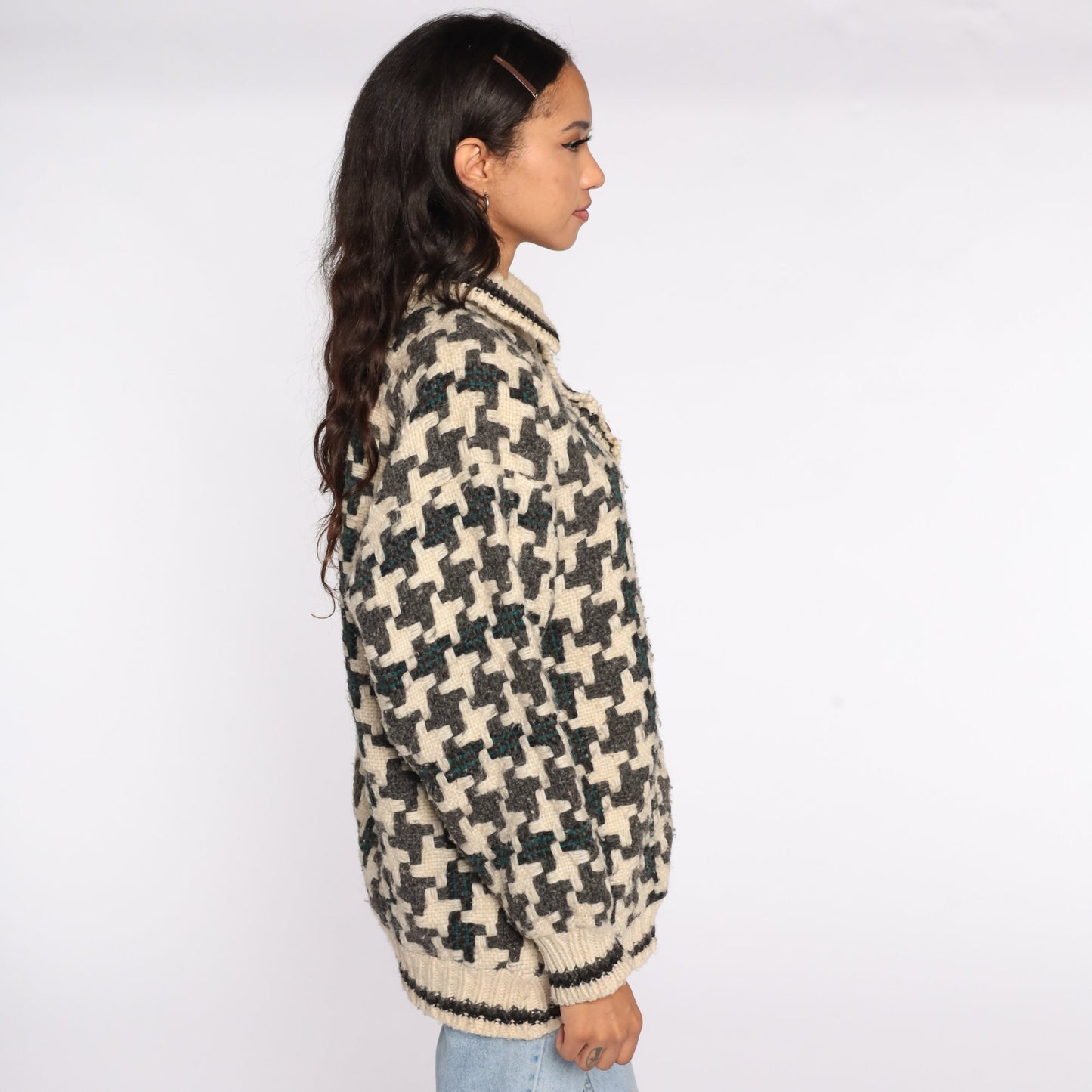80s Wool Geometric Houndstooth Sweater Cream Grey Pullover Large