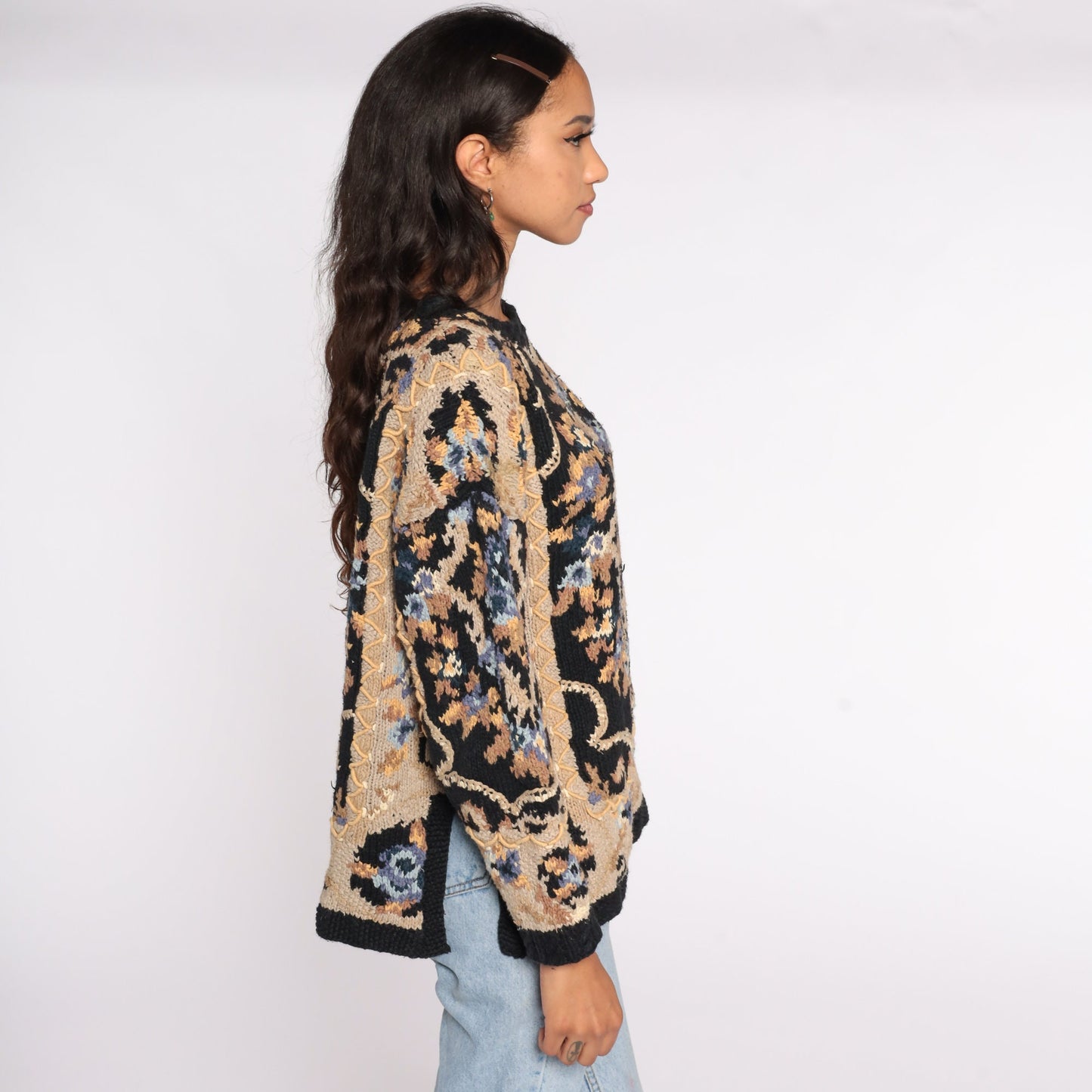 90s Black Floral Print Sweater Cotton Ramie Knit Pullover Large L