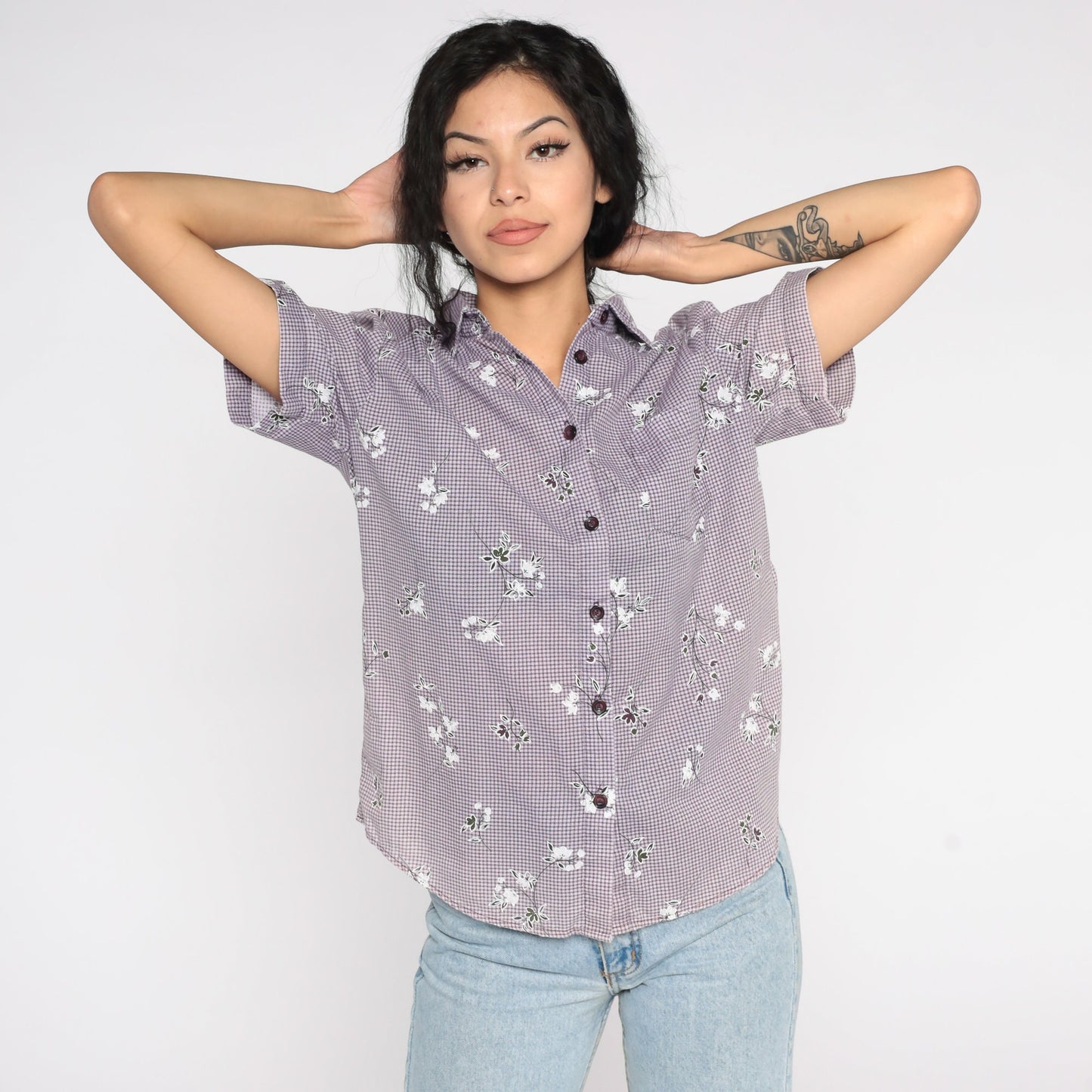 90s Purple Gingham Floral Button-Up Shirt Short Sleeve Small Petite