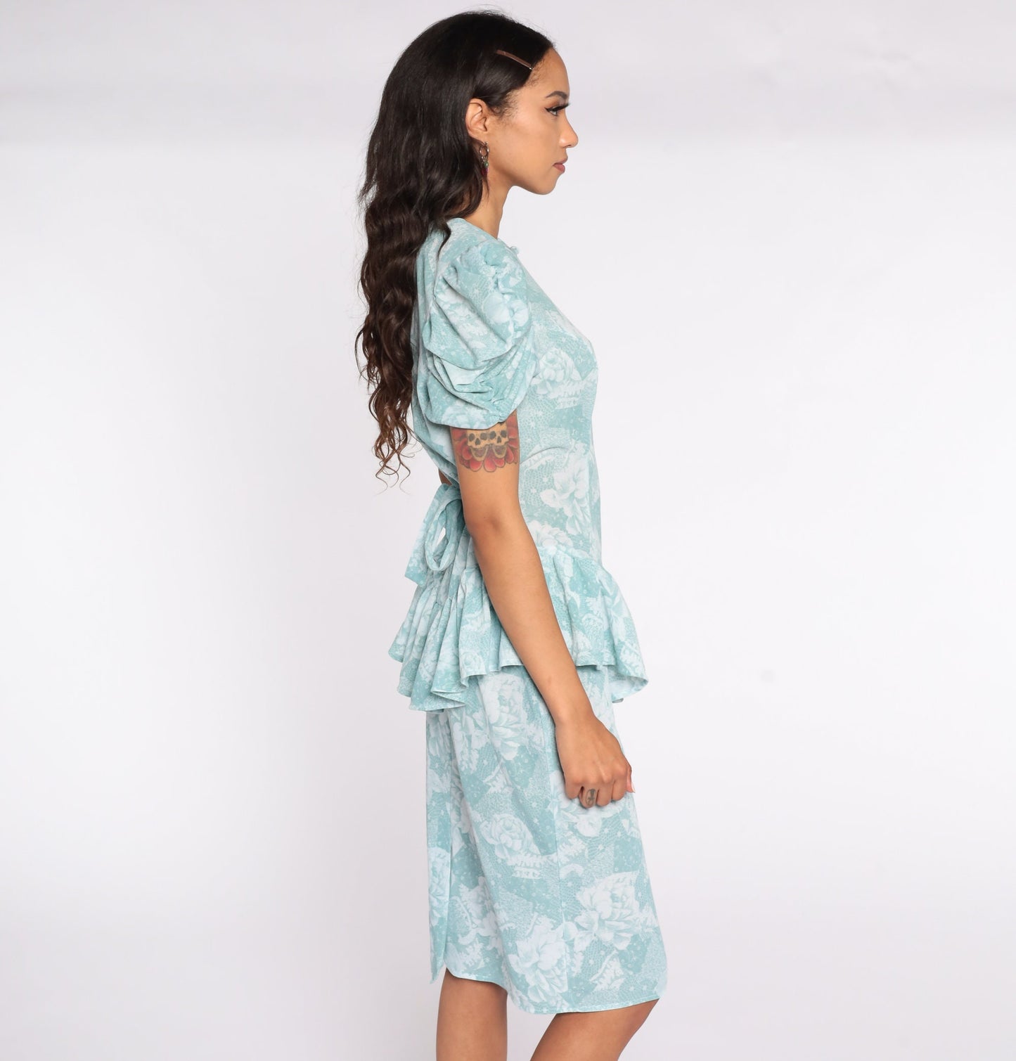 80s Blue-Green Floral Peplum Midi Dress Puff Sleeve Pencil Small