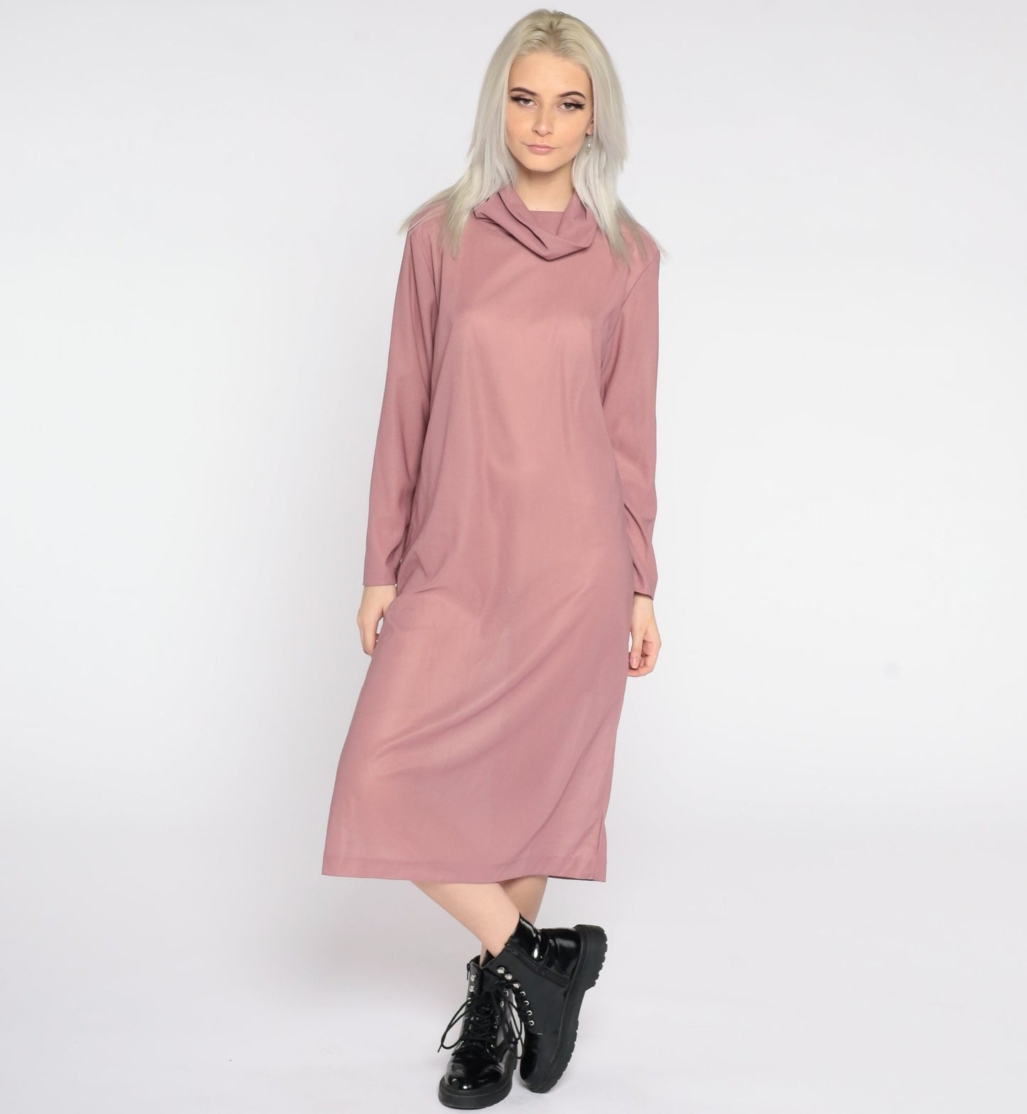 80s Pink Cowl Neck Midi Shift Dress Sheer Polyester Small Medium