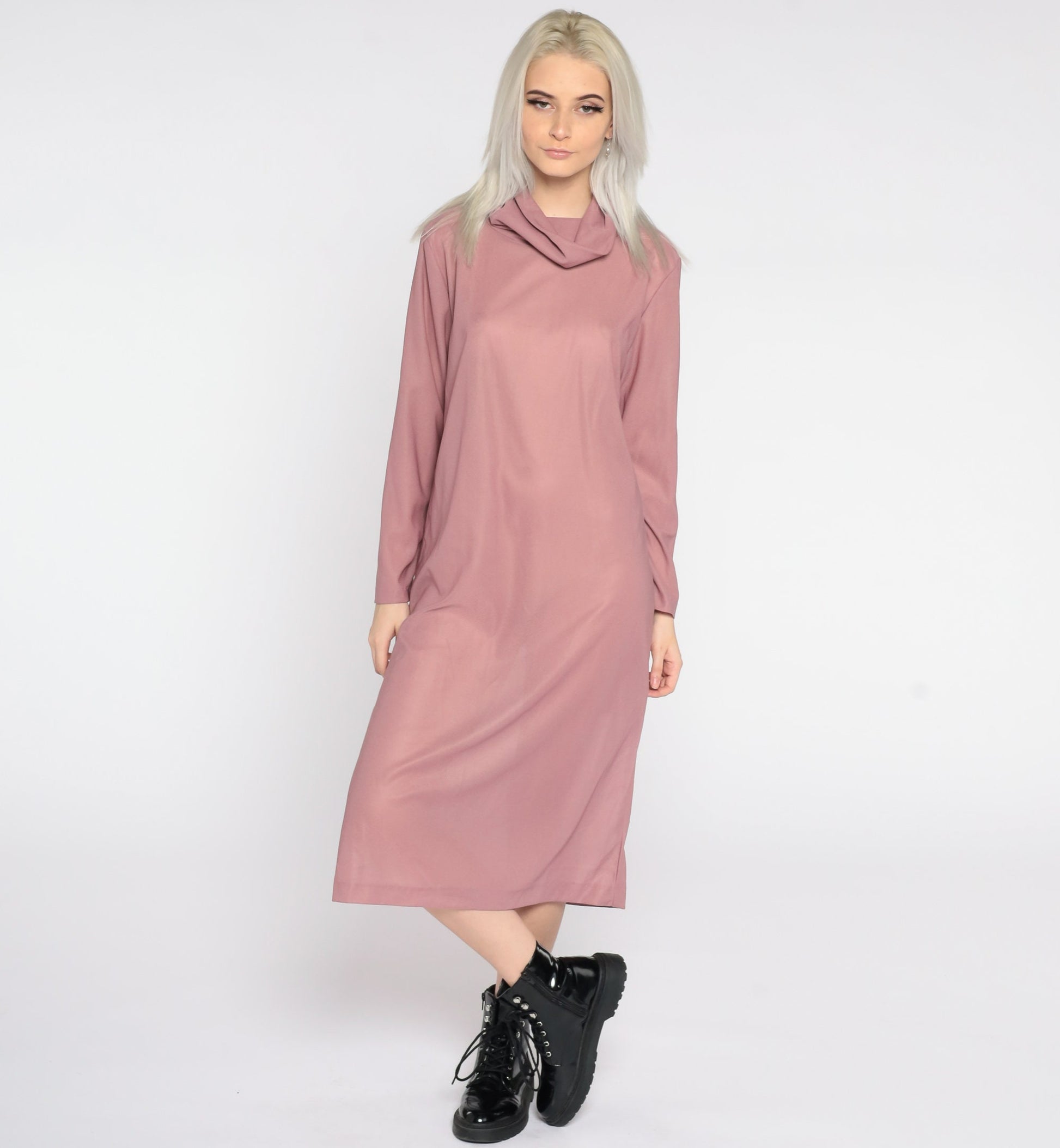 80s Pink Cowl Neck Midi Shift Dress Sheer Polyester Small Medium
