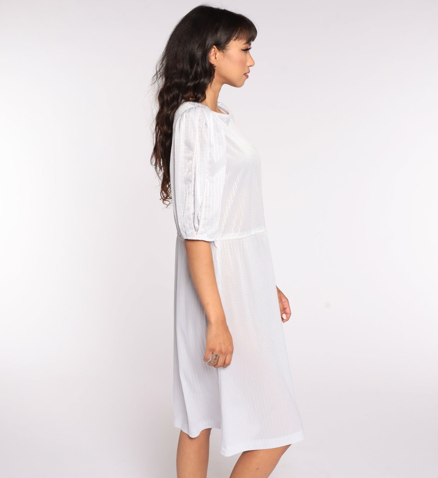 80s Grey Striped Puff Sleeve Midi Dress Semi-Sheer Medium