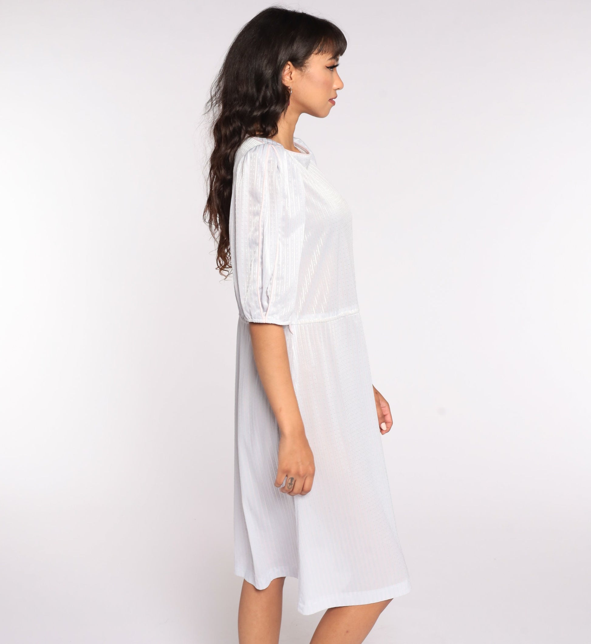 80s Grey Striped Puff Sleeve Midi Dress Semi-Sheer Medium