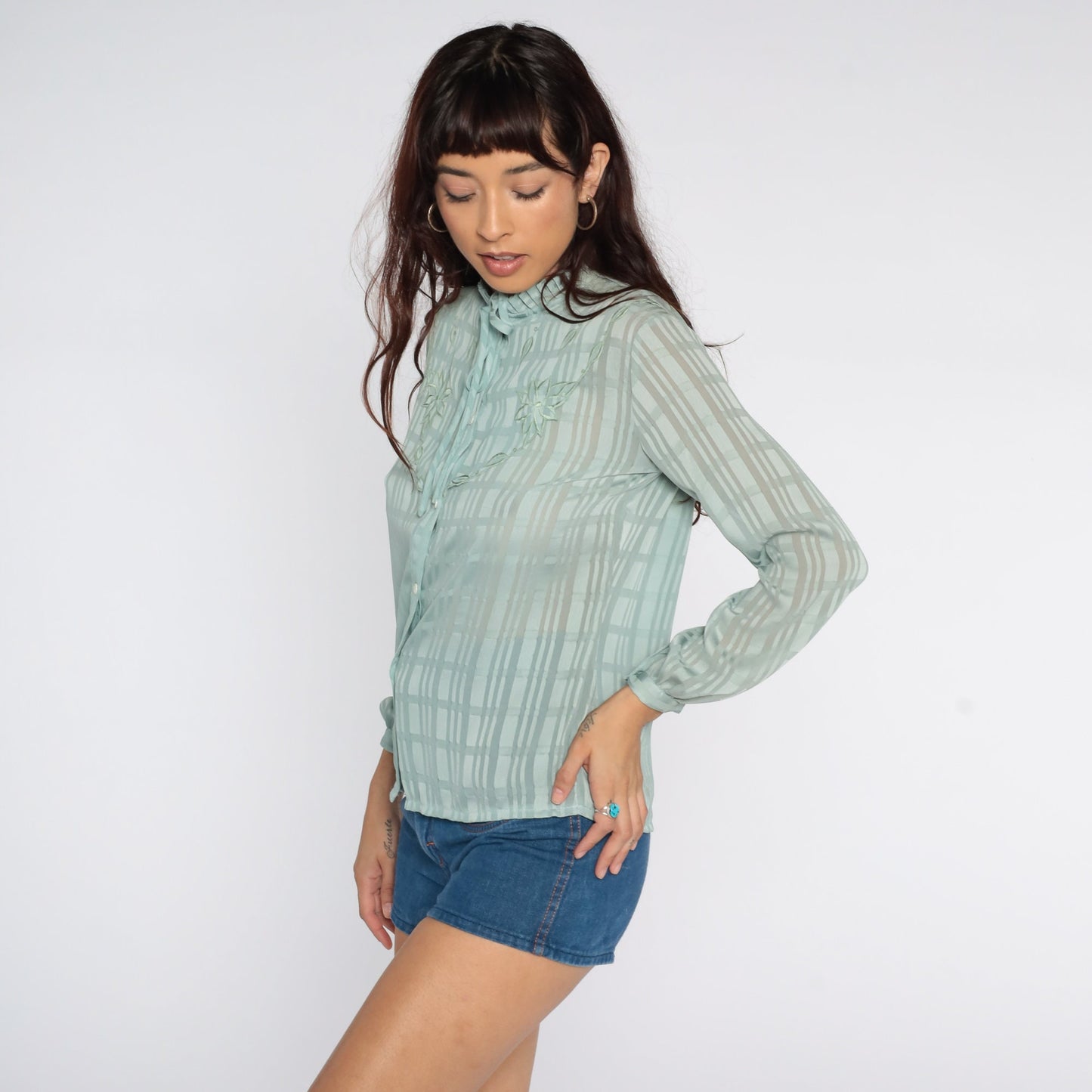 80s Blue Striped Floral Ascot Blouse Embroidered Sheer Button Up Small