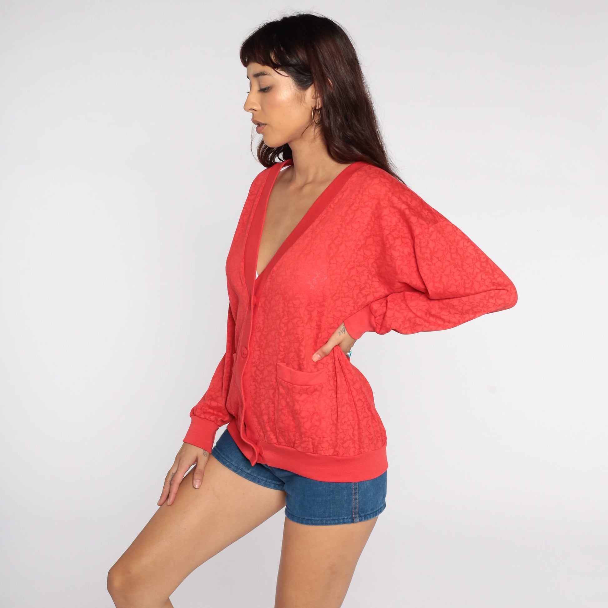 80s Red Floral Cardigan Sweatshirt Semi-Sheer Button-Up Medium Large