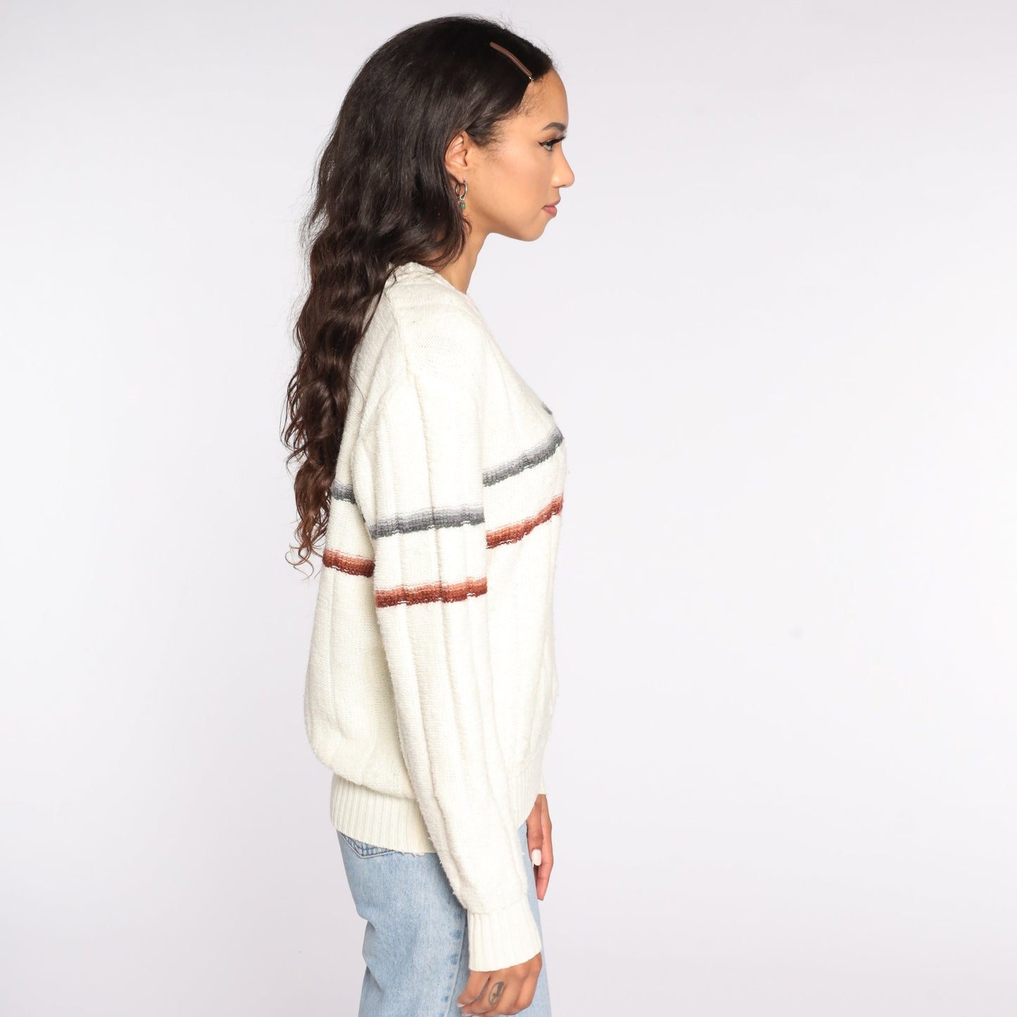 70s Kennington Striped V-Neck Sweater Cream Brown Medium Large