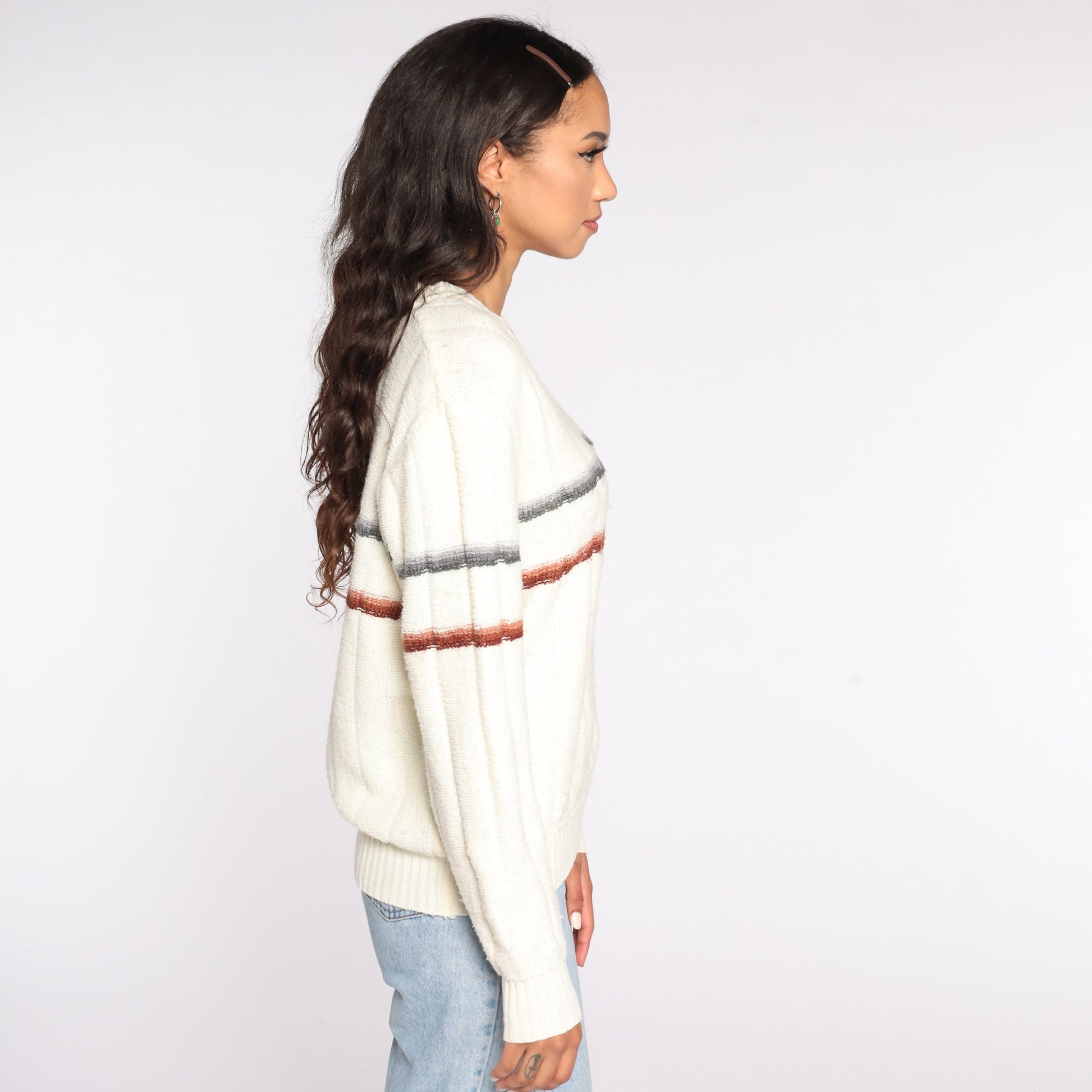 70s Kennington Striped V-Neck Sweater Cream Brown Medium Large