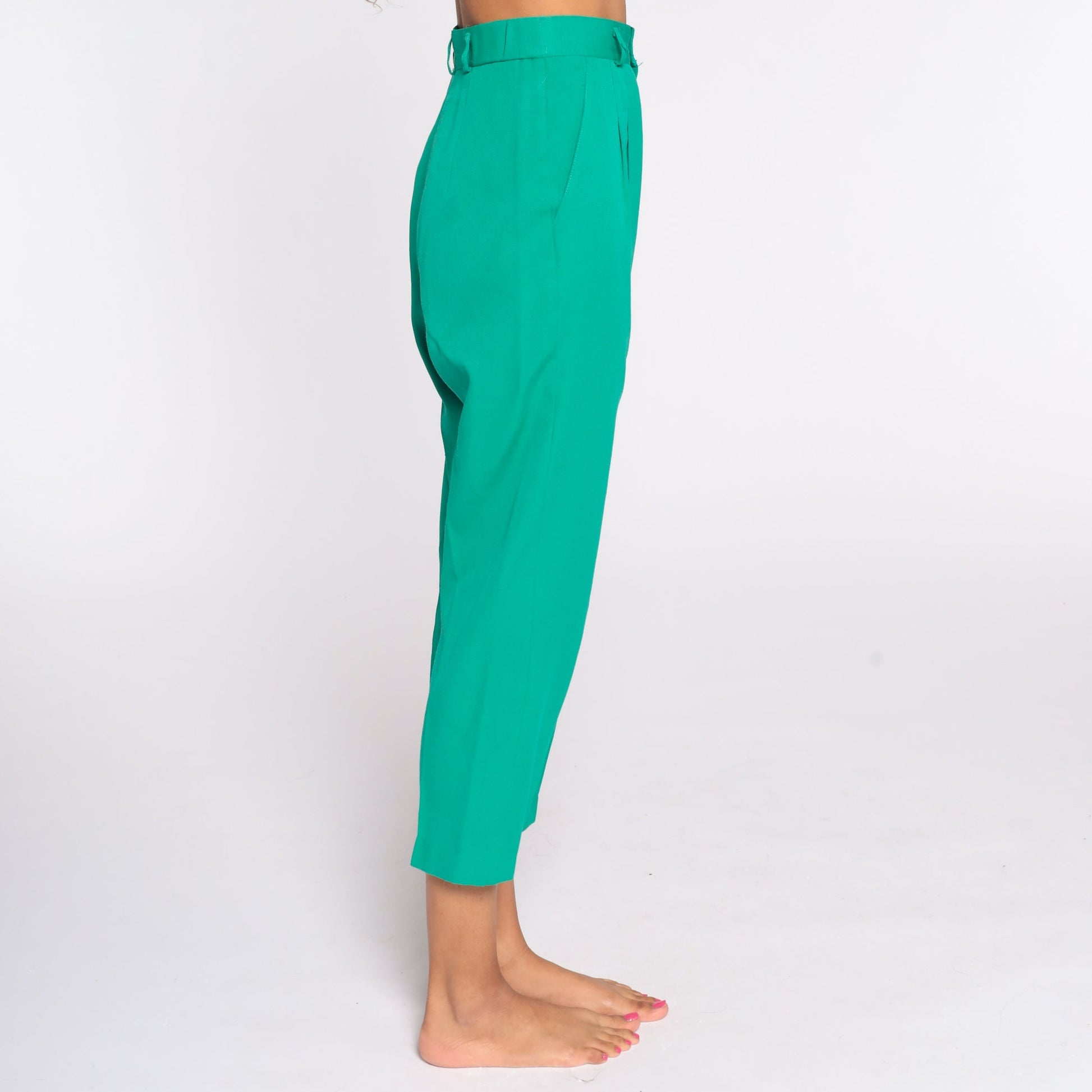 80s Green Pleated High-Waist Trousers Straight Leg Small