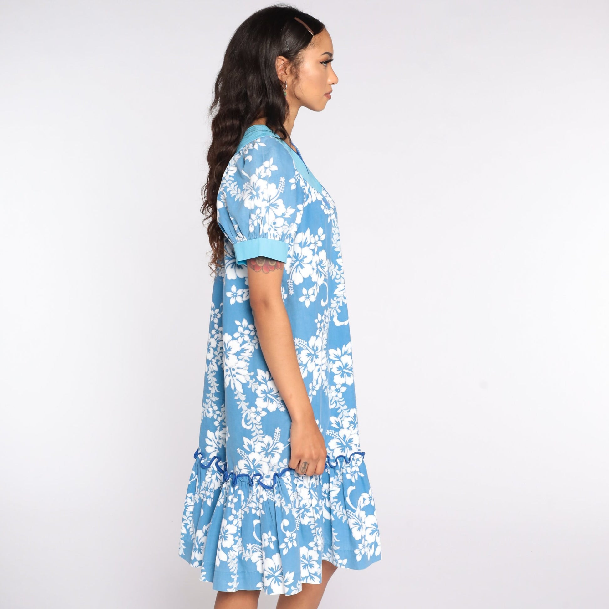 80s Floral Midi Dress Puff Sleeve Tent Cut Blue Cotton Medium