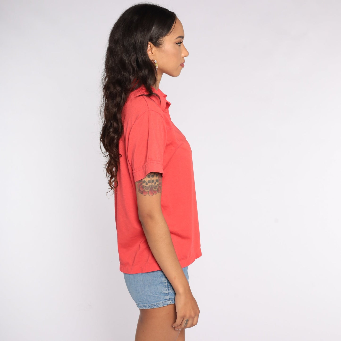 80s Red Polo Shirt Half Button Collared Cotton Blend Medium