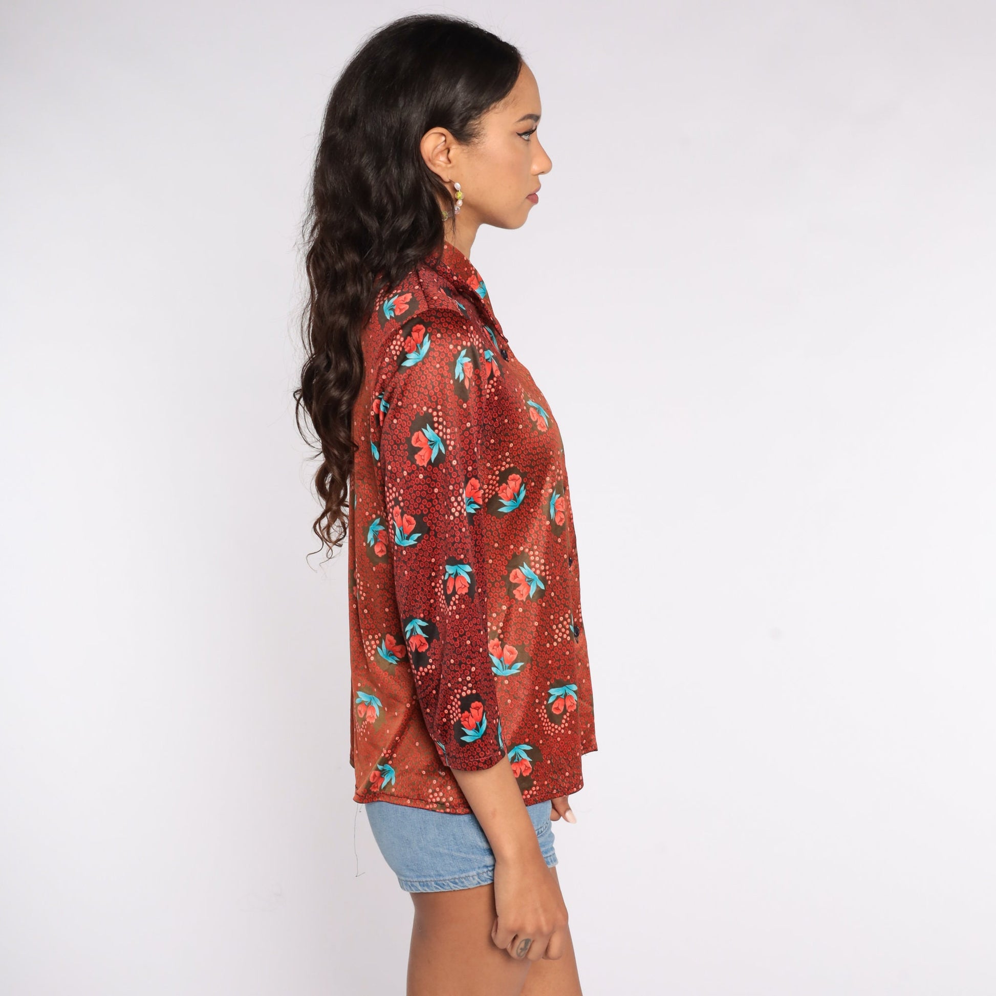 70s Floral Button-Up Shirt Red Flower Print Long Sleeve Blouse Medium Large
