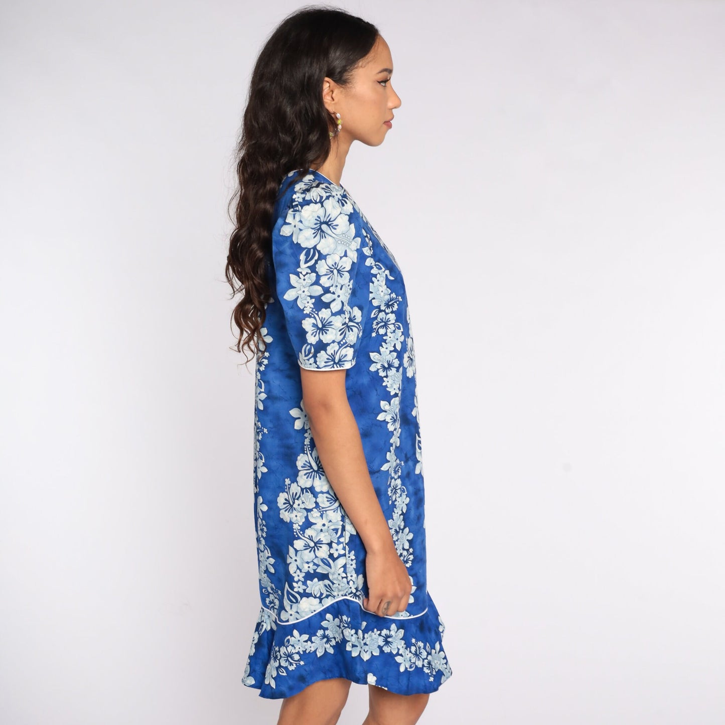 80s Hawaiian Floral Mini Dress Puff Sleeve Shift Cotton Small