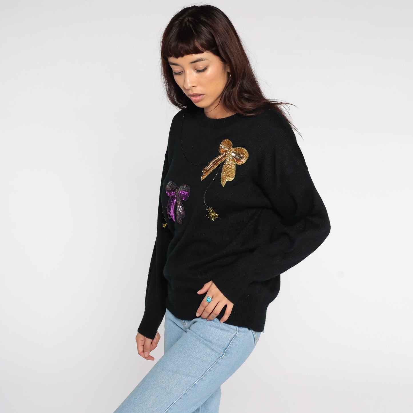 80s Beaded Bow Pullover Sweater Black Knit Large L