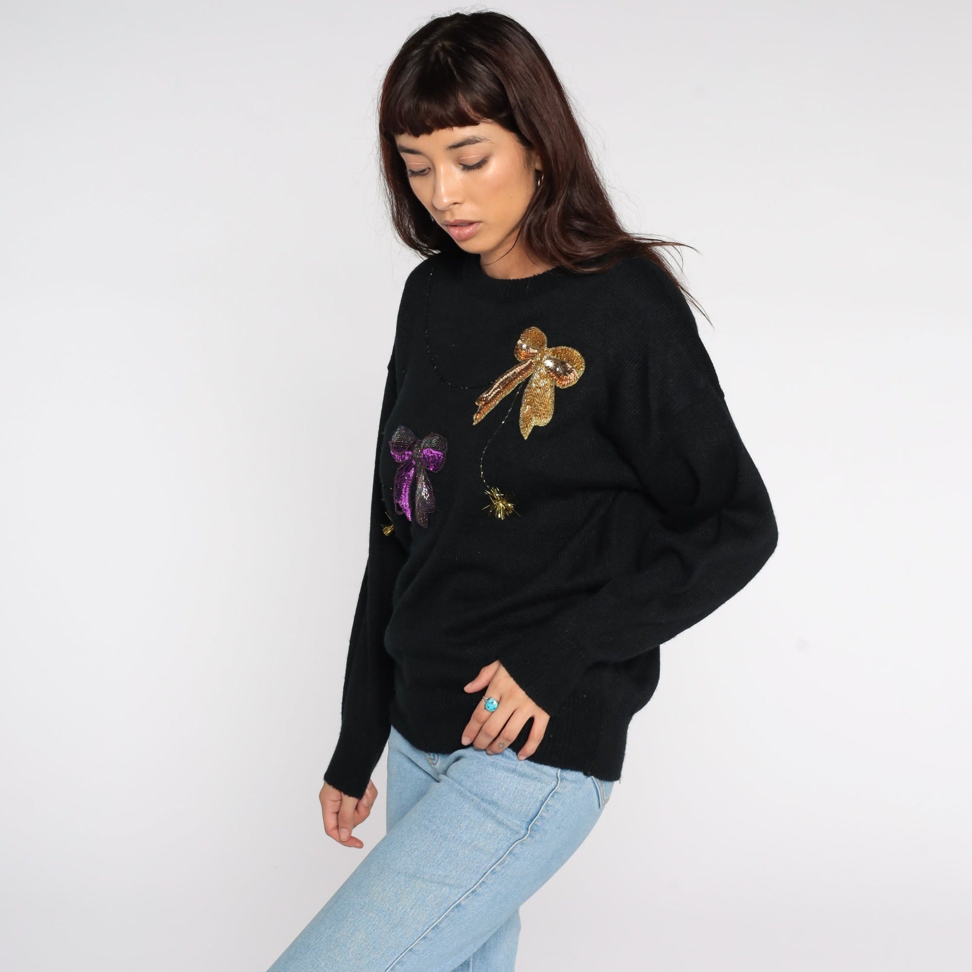80s Beaded Bow Pullover Sweater Black Knit Large L