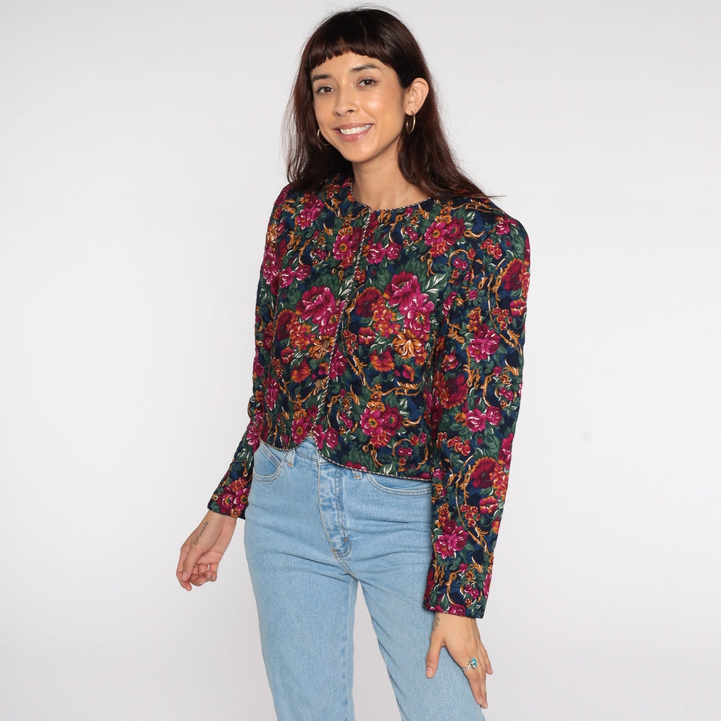 80s Quilted Floral Cropped Jacket Fuchsia Button-Up Medium