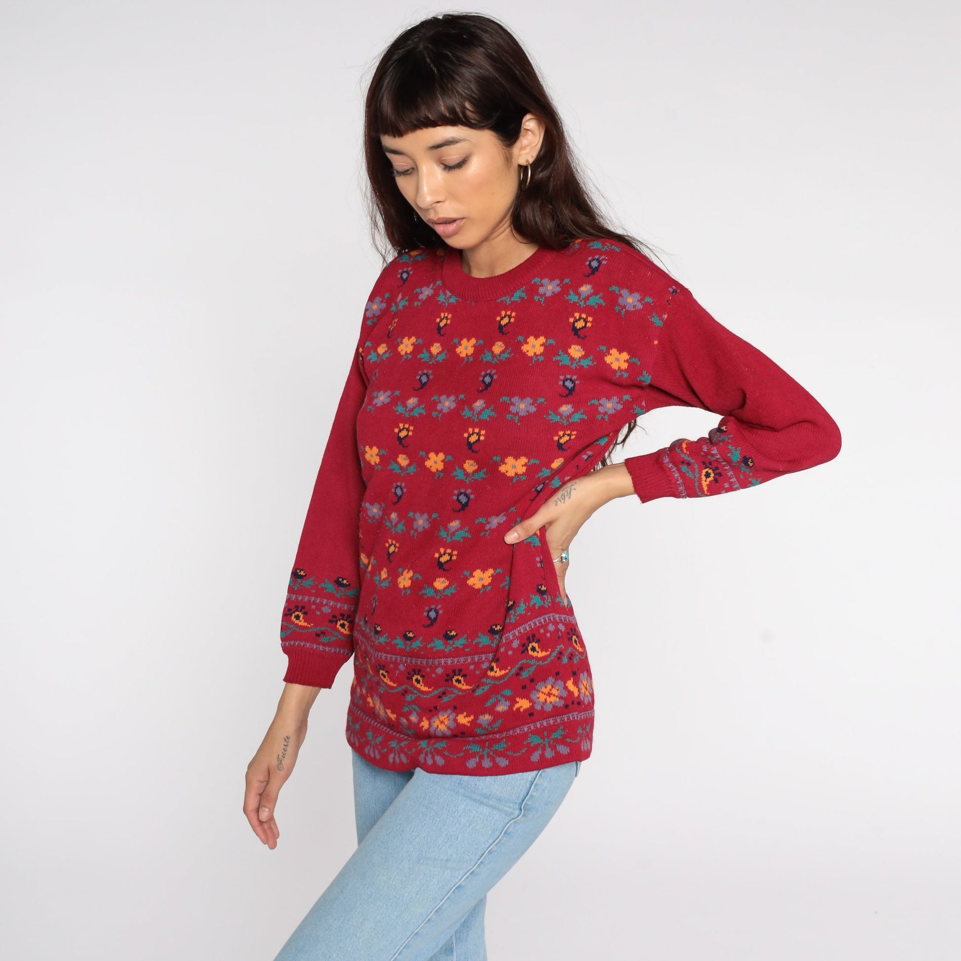 80s Paisley Floral Red Knit Sweater Pullover Small