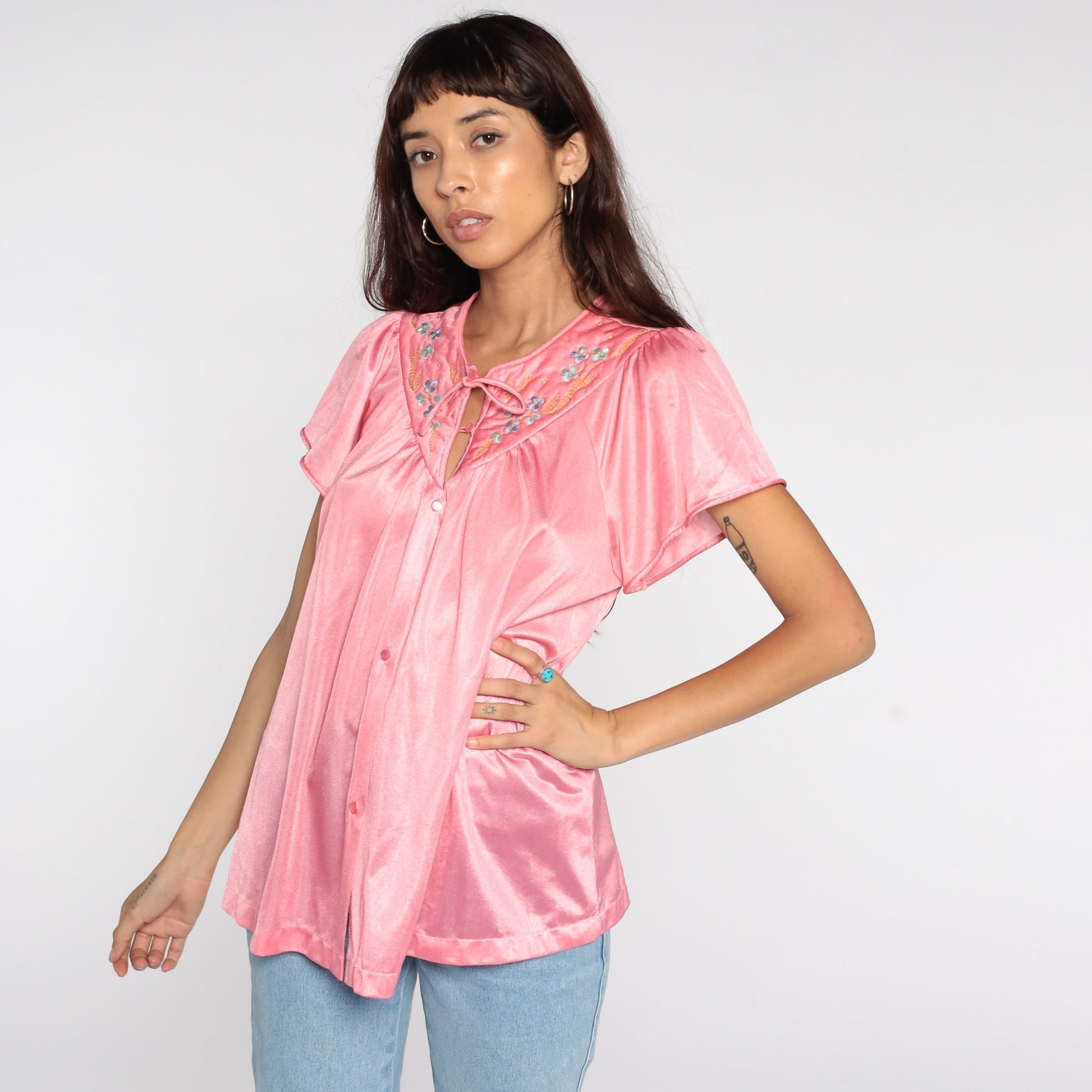 80s Vanity Fair Pink Nylon Pajama Shirt Puff Sleeve Button-Up Medium