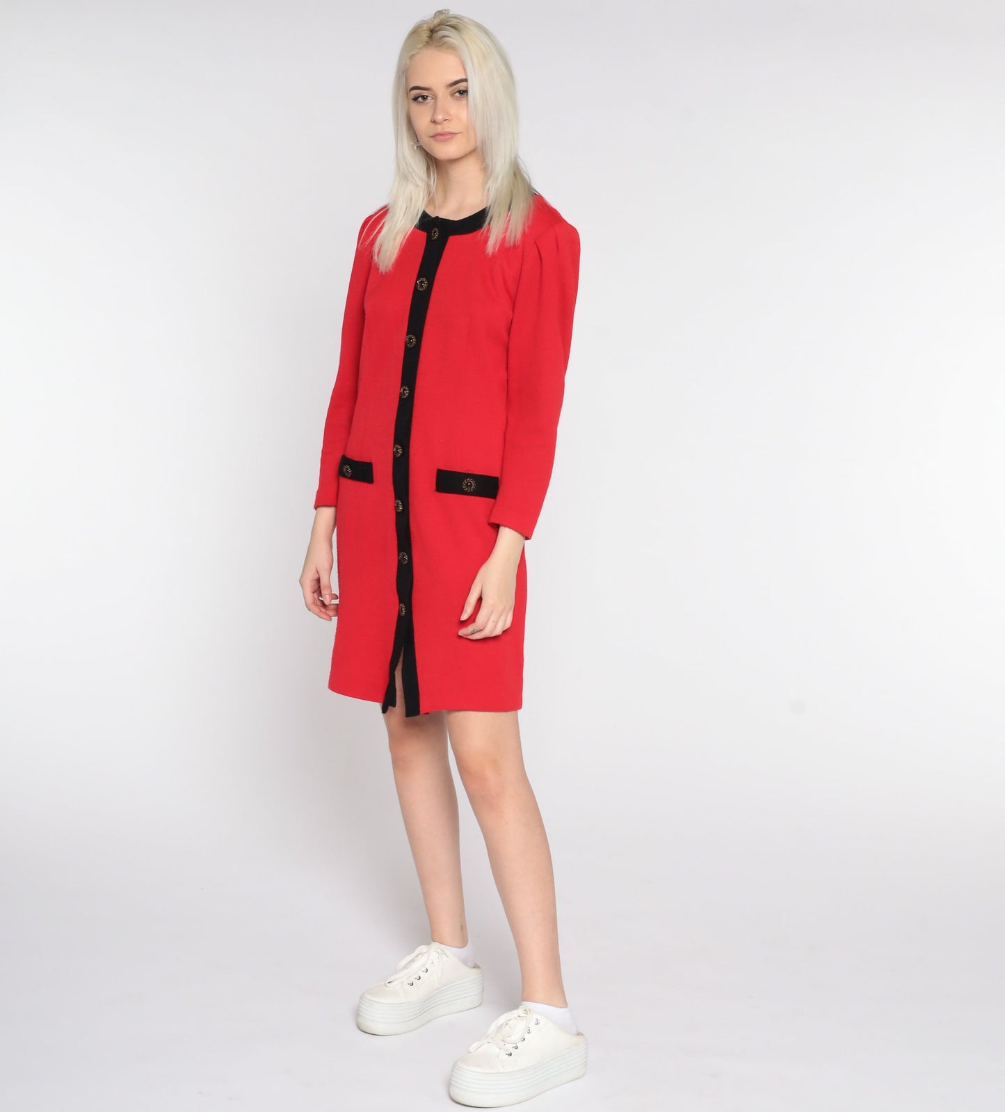 80s Red Mini Dress Puff Sleeve Button Up Black Trim Small