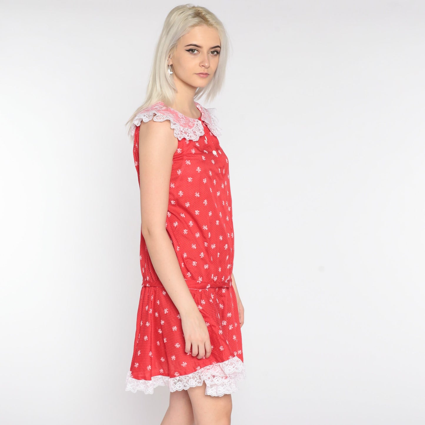 70s Red Floral Mini Dress Lace Collar Sleeveless Shift Extra Small