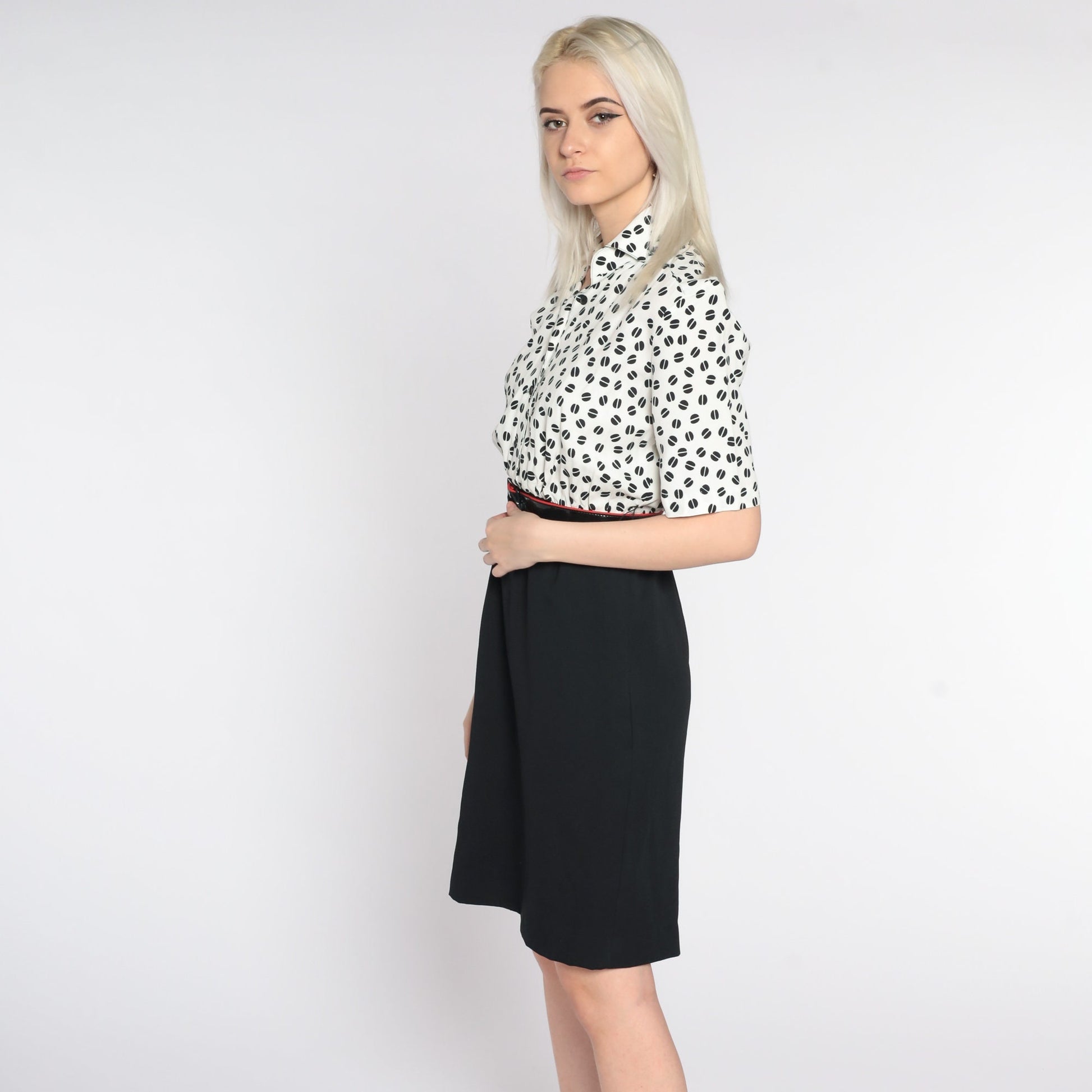 80s Black White Geometric Mini Shirtdress High Waist Button Front Extra Small