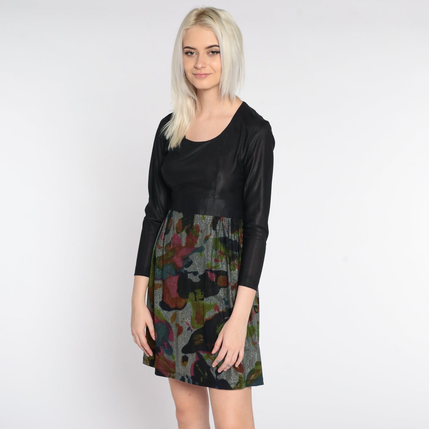 70s Black Metallic Mini Dress Long Sleeve Empire Waist Small