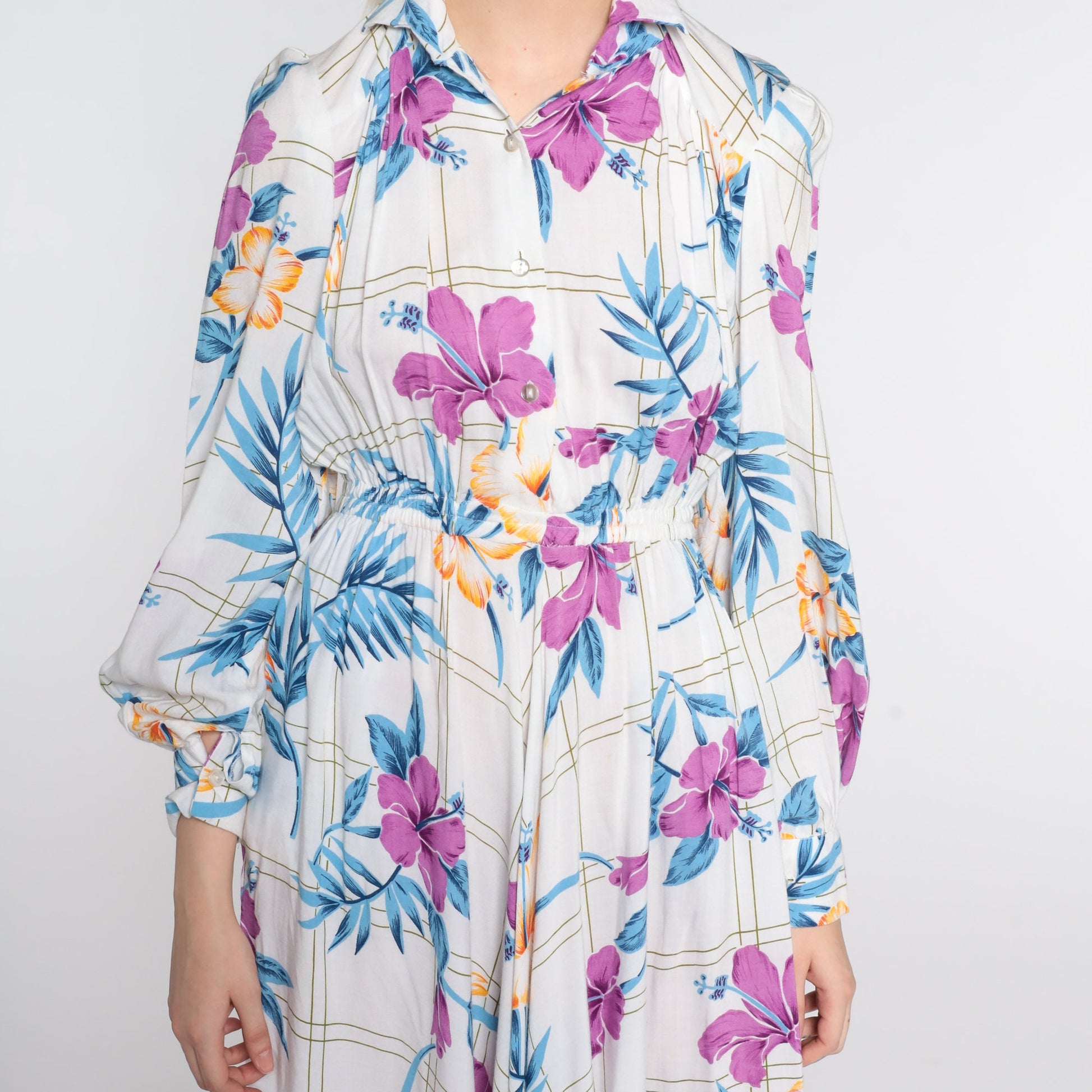 80s White Floral Midi Shirtdress High Waist Long Sleeve Button Up Small Medium
