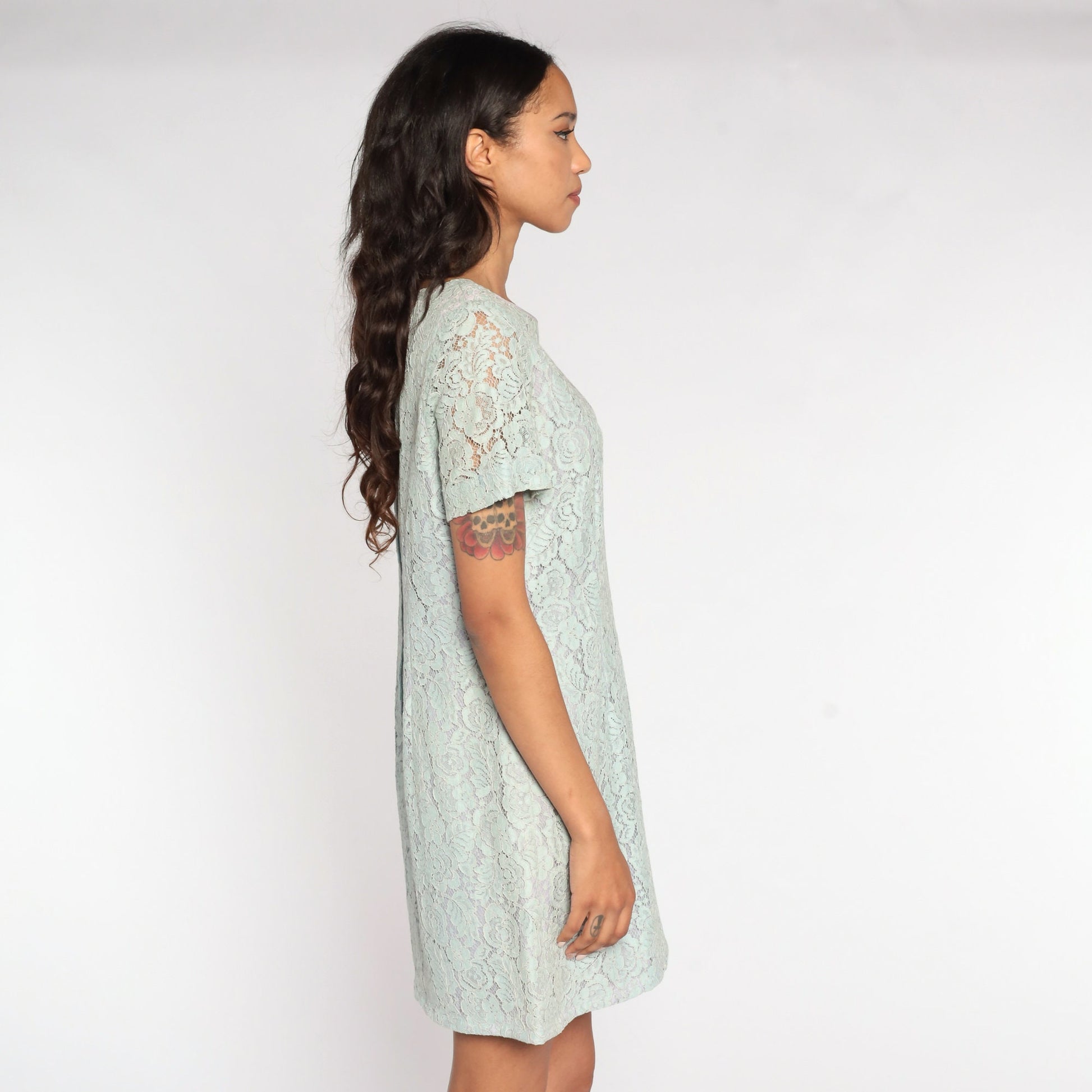 60s Baby Blue Lace Mini Dress Mod Shift Sheer Sleeve Medium