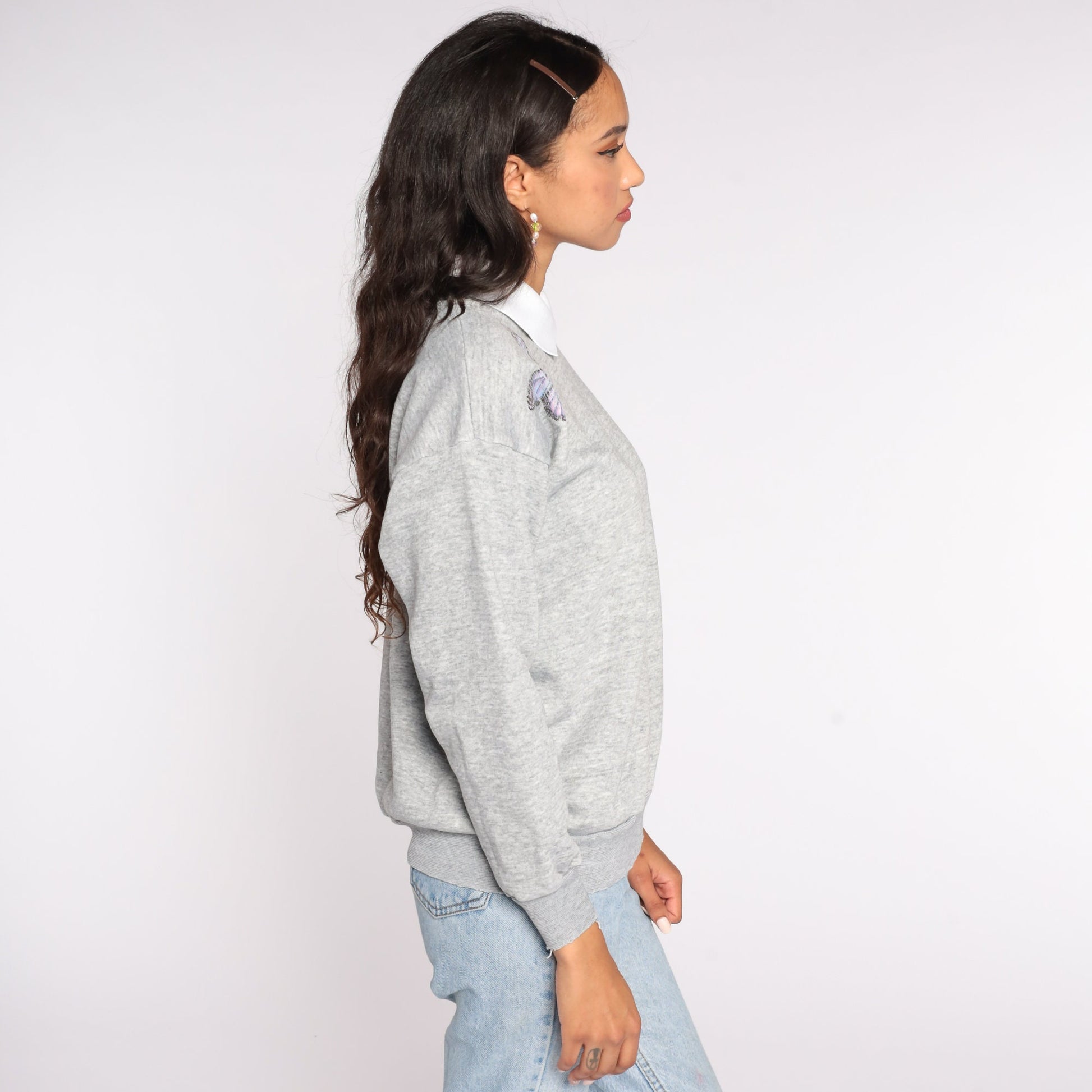 80s Butterfly Collared Sweatshirt Grey Graphic Pullover Medium