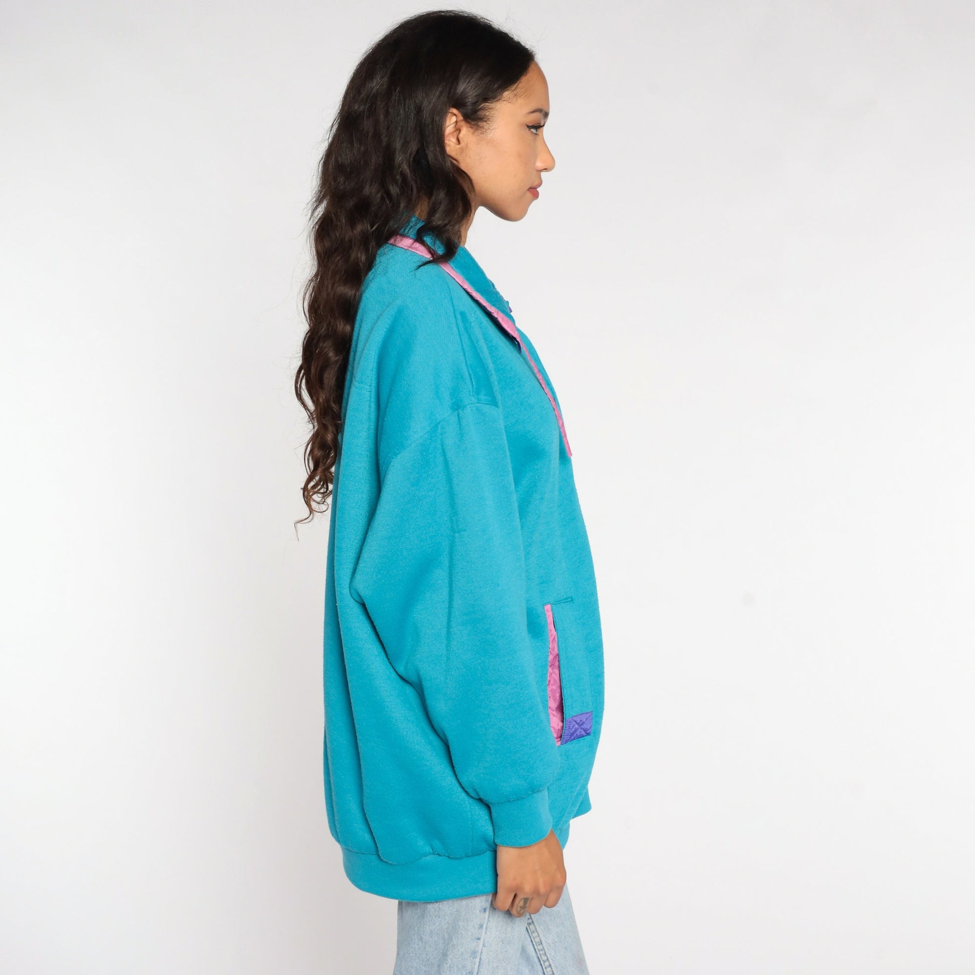 80s Turquoise Windbreaker Jacket Pink Purple Trim Snap Front Cotton Blend