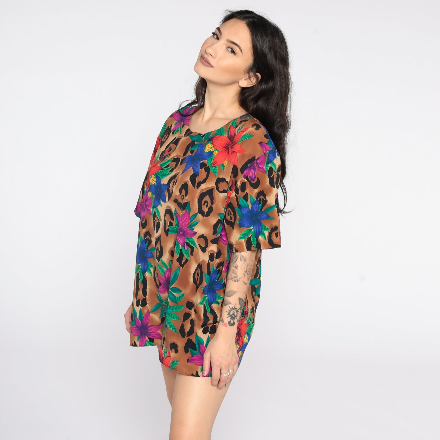 90s Tropical Floral Leopard Print Short Sleeve Blouse Large
