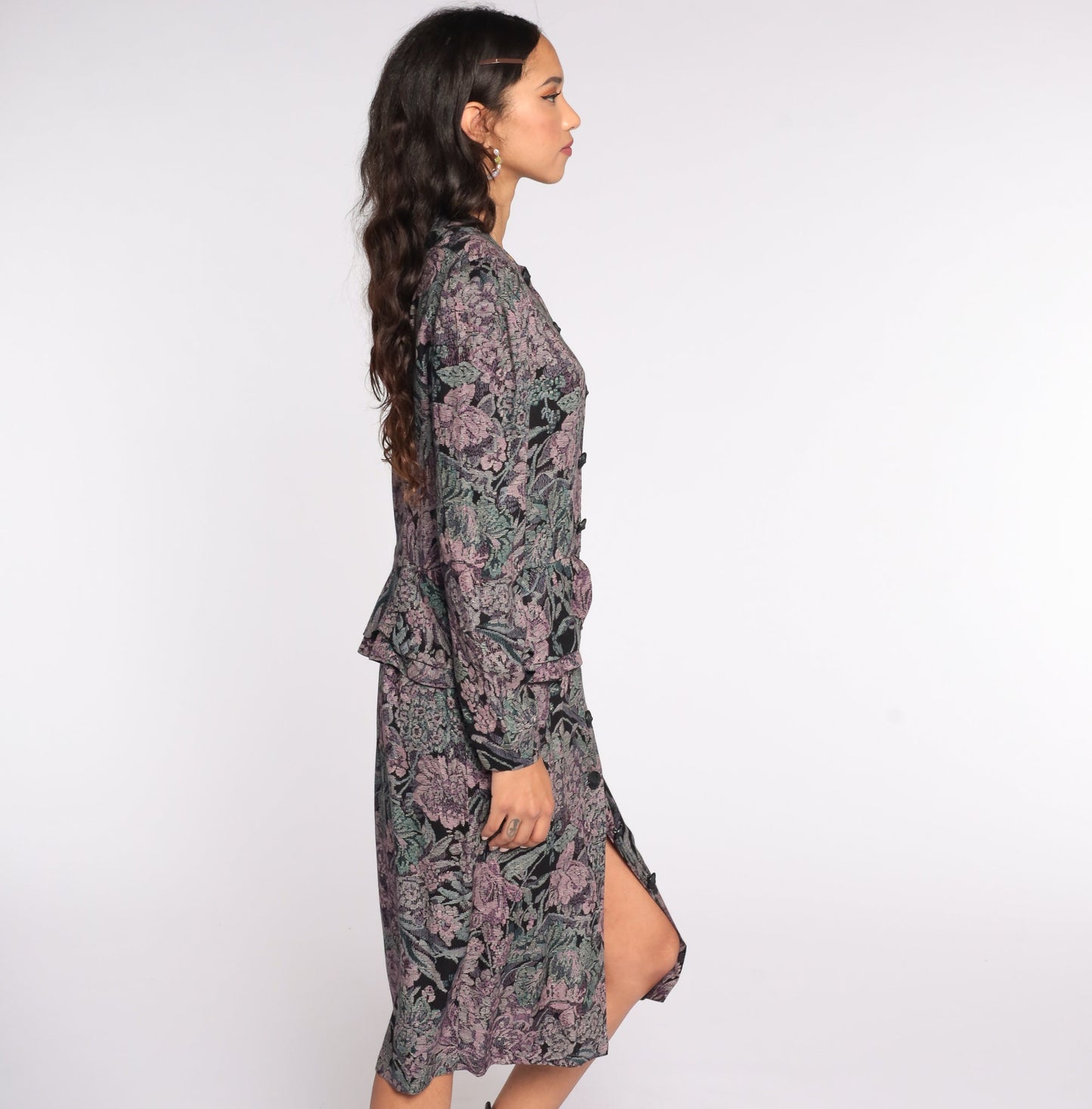 80s Floral Tapestry Midi Dress Puff Sleeve Button-Up Black Purple Medium