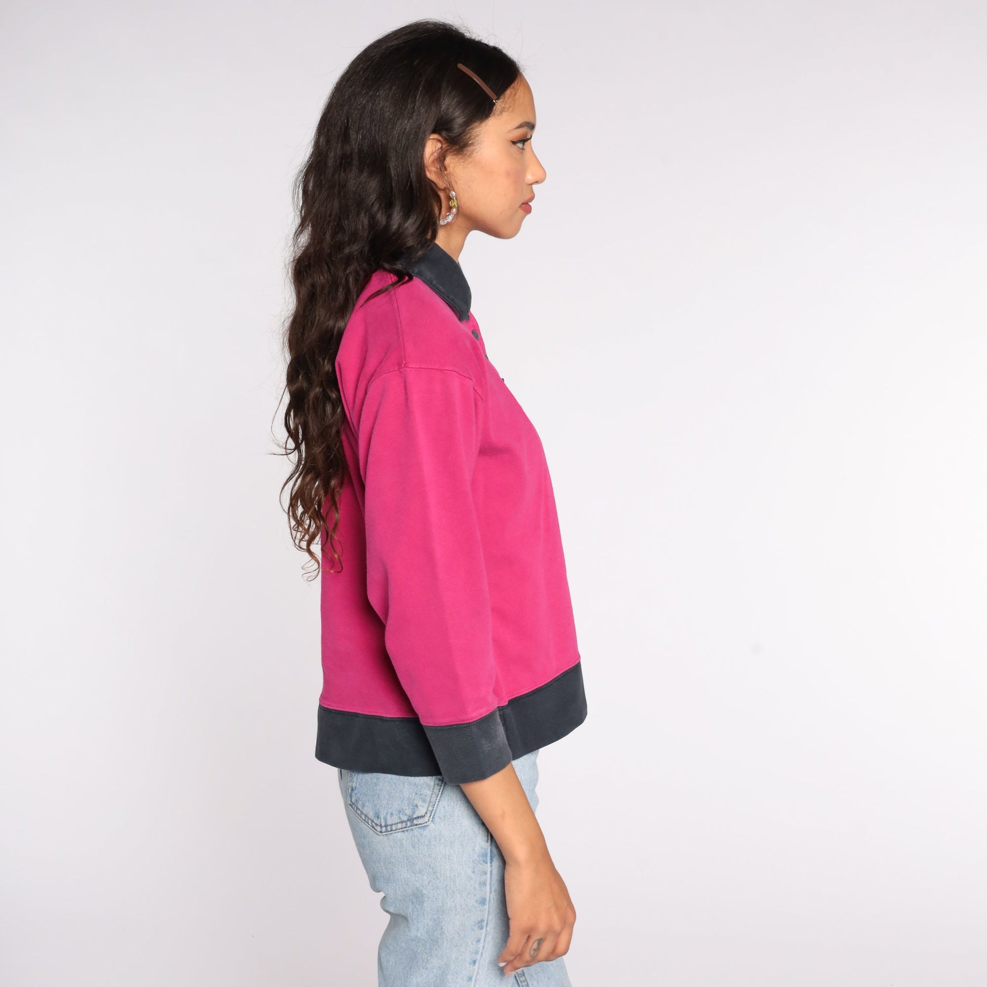 80s Pink Button-Up Shirt Cotton Blend Polo Small S