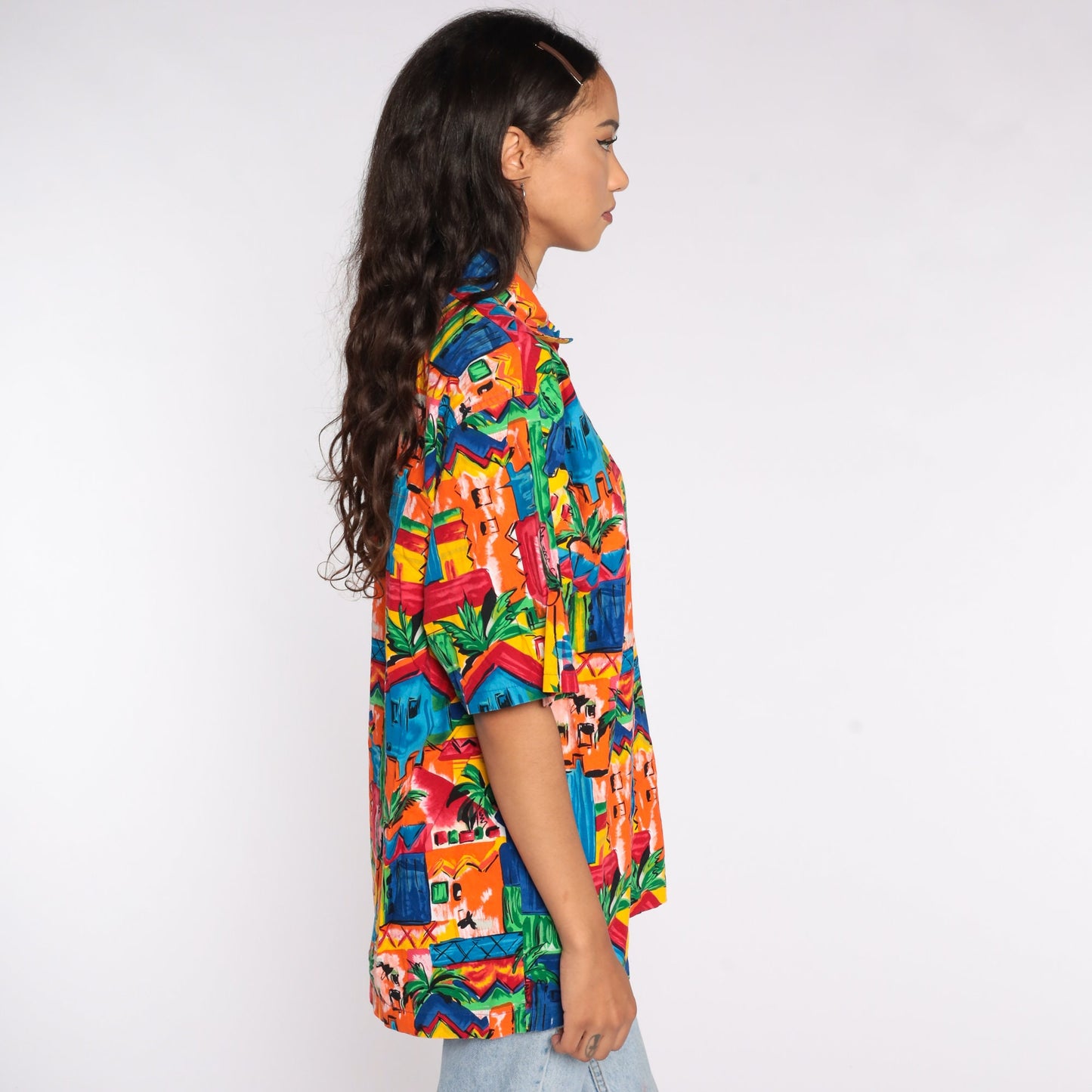 80s Tropical Palm Tree Button-Up Shirt Cotton Hawaiian Surfer Large