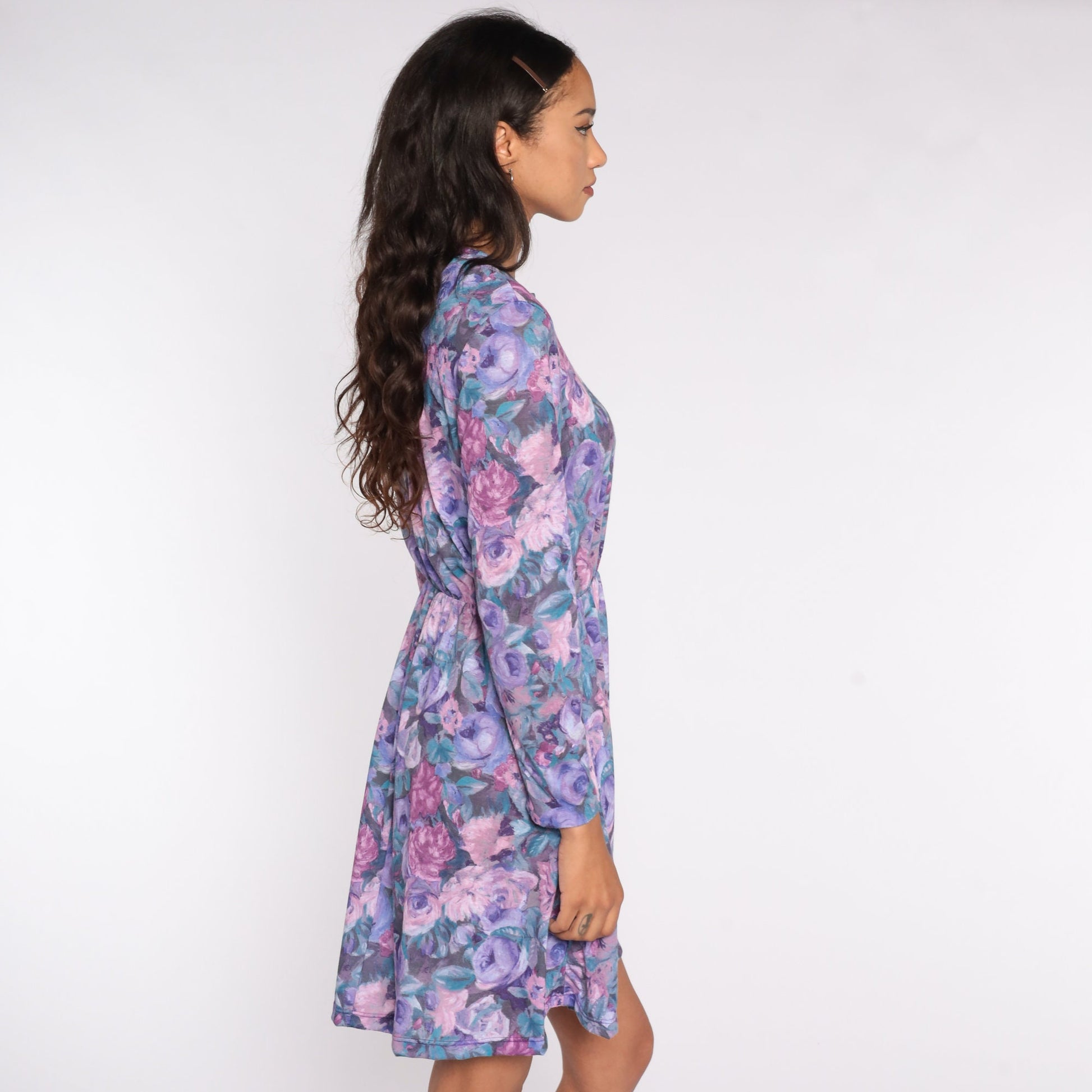 80s Floral Mini Dress Purple Pink V-Neck High Waisted Long Sleeve Small