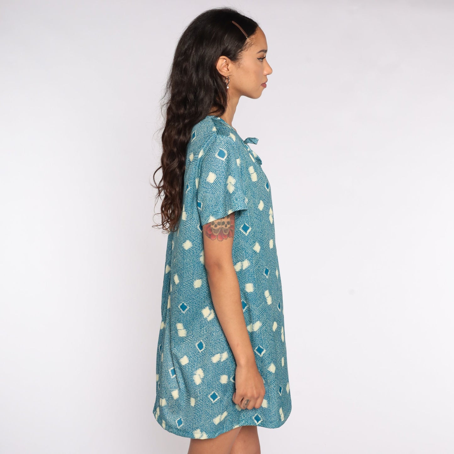 70s Geometric Print Shift Minidress Keyhole Neckline Blue Short Sleeve Extra Large