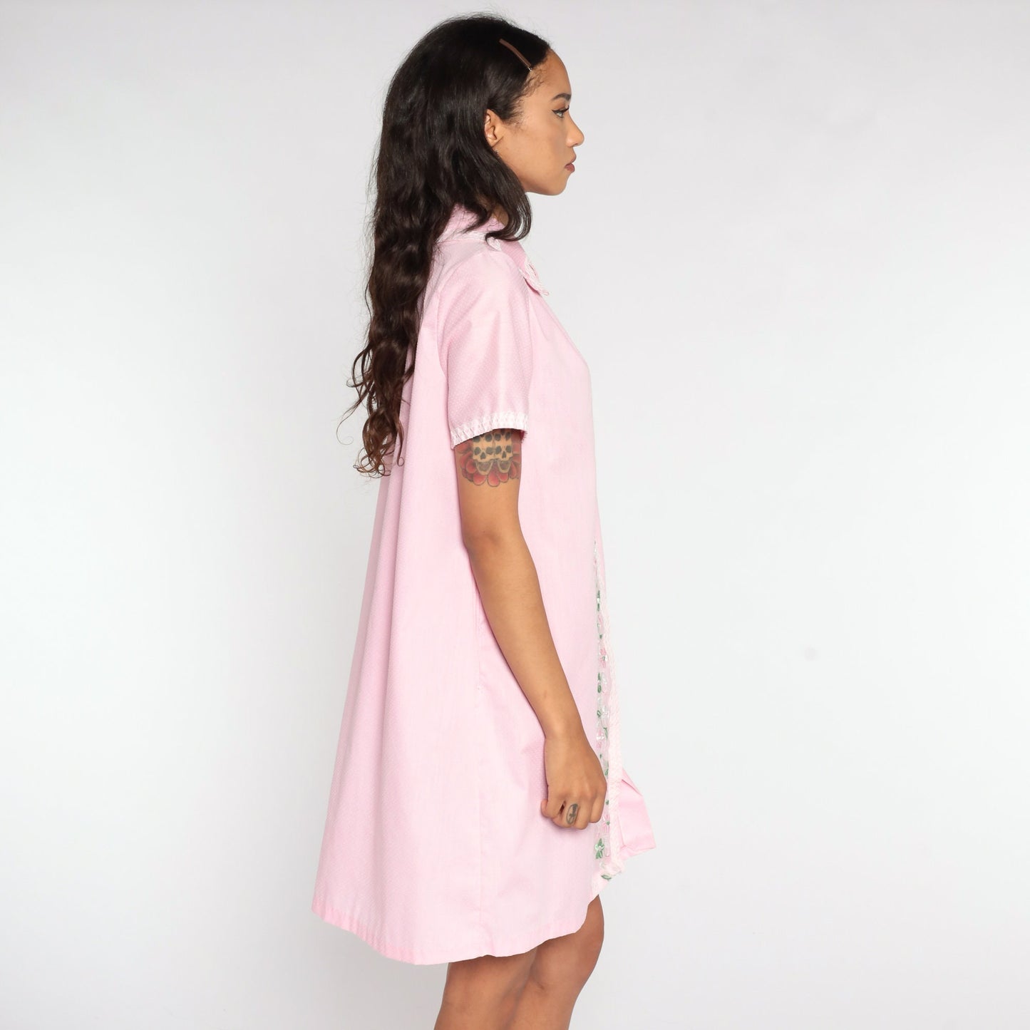 60s Floral Embroidered Shift Dress Baby Pink Button Front Mini Medium Large