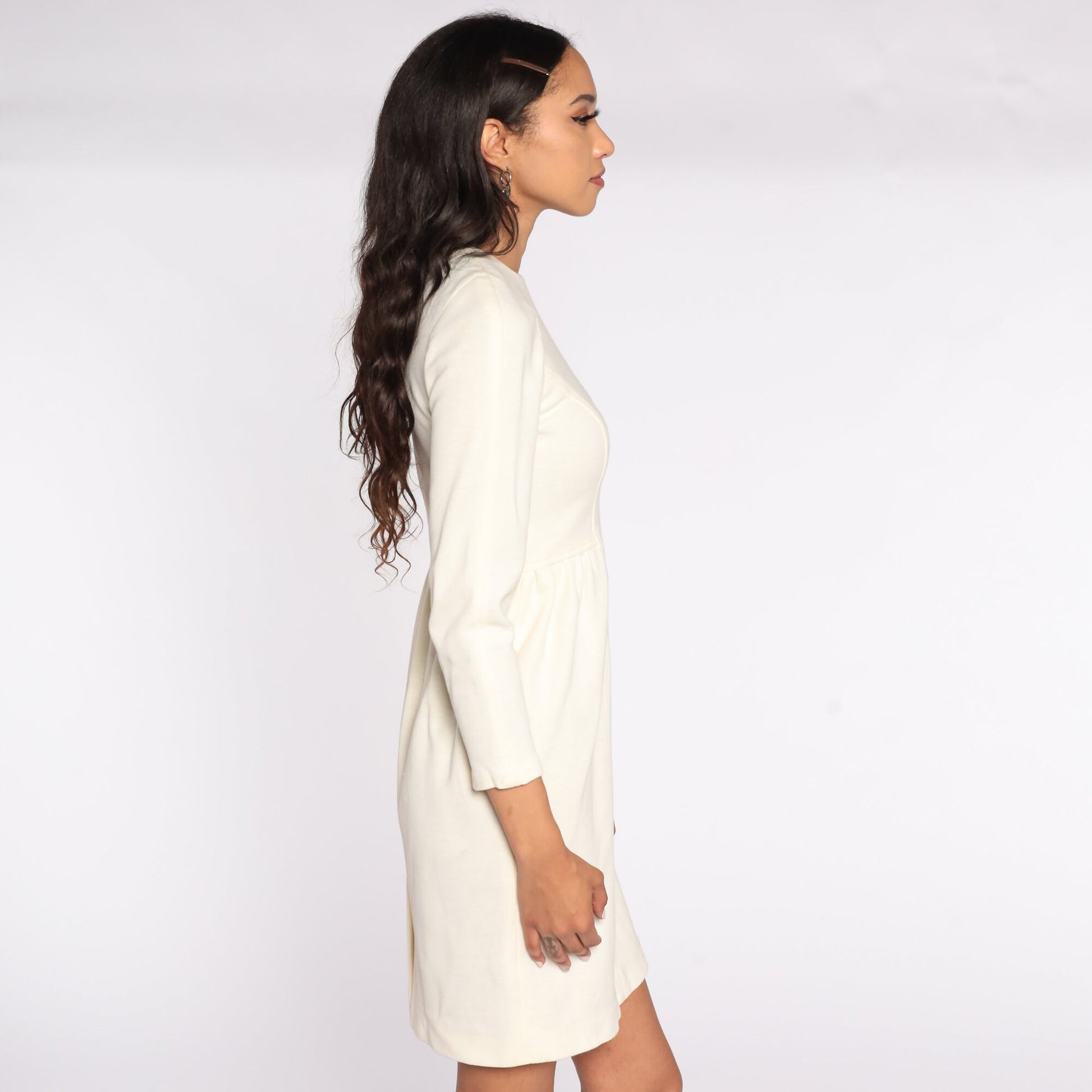 90s Cream Knit Mini Dress High Waist Long Sleeve Extra Small XS