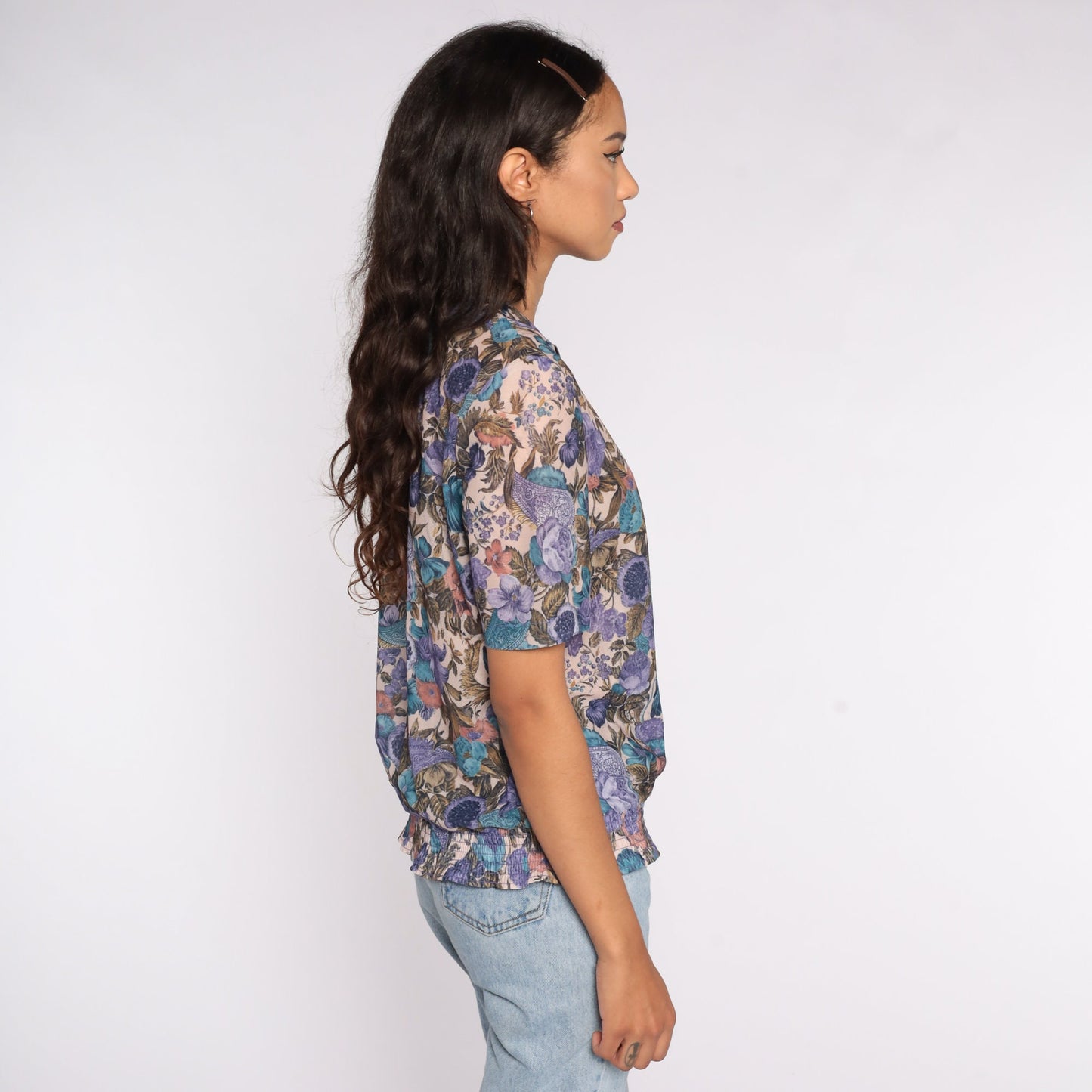 80s Purple Floral Print Blouse Short Sleeve Shirt Medium