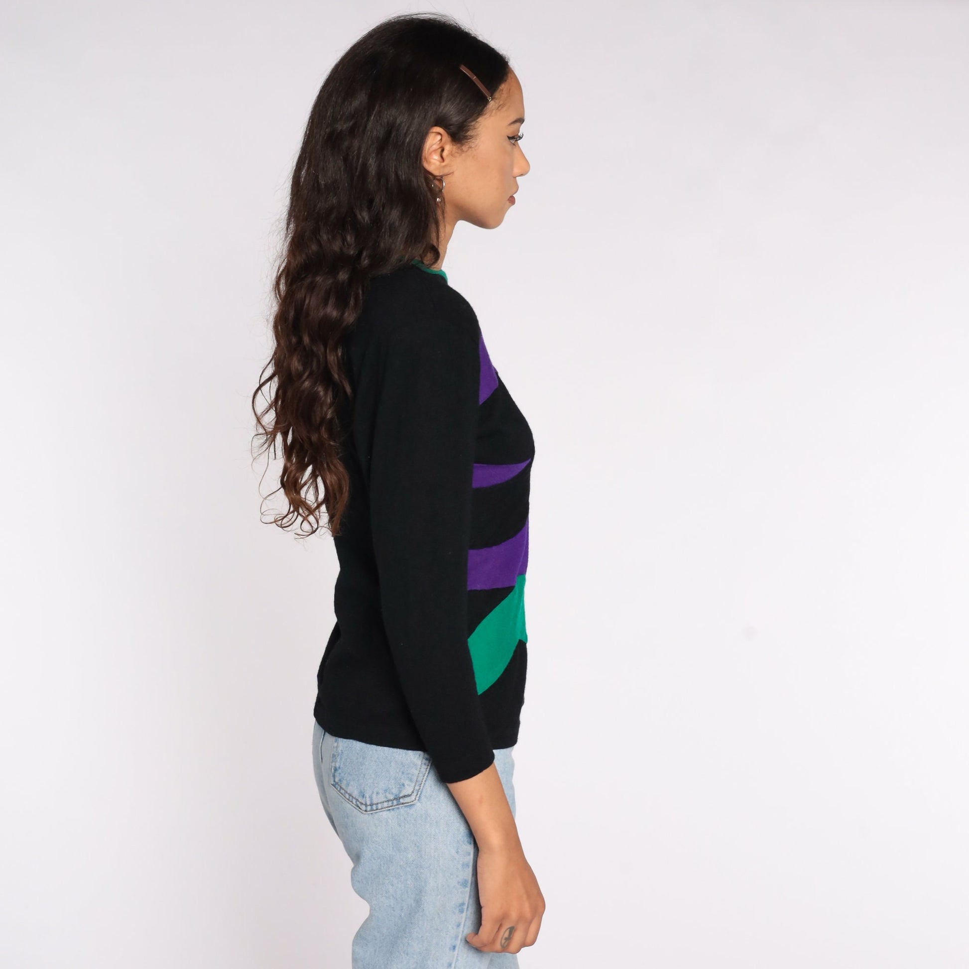 80s Black Purple Striped Wool Pullover Long Sleeve Shirt Small S