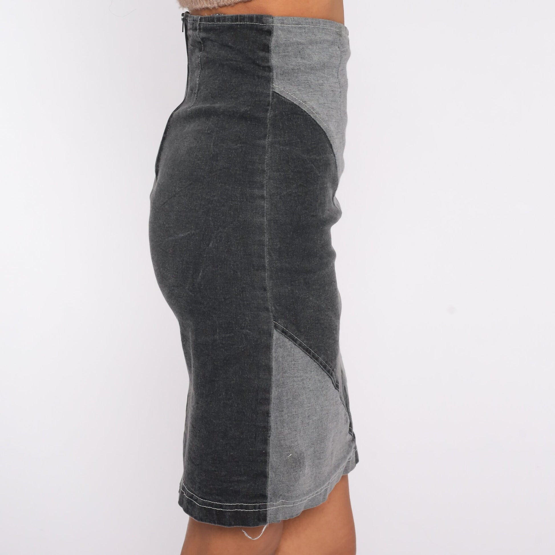 90s Black Grey Colour Block Mini Pencil Skirt High Waisted Extra Small