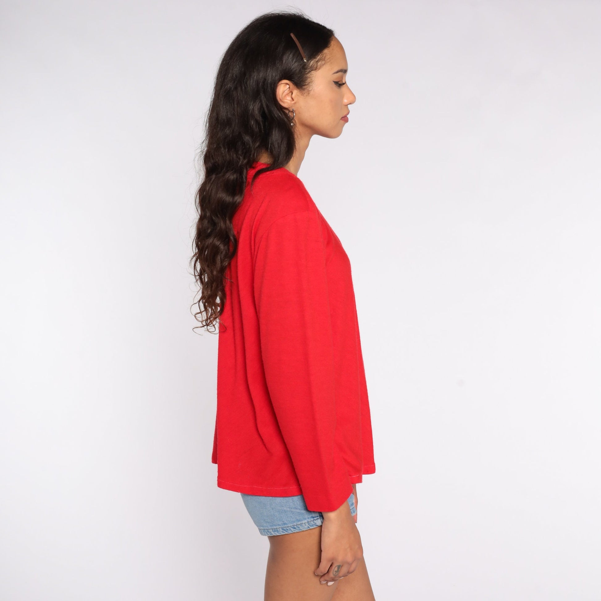 70s Red Trapeze Shirt Long Sleeve Blouse Medium