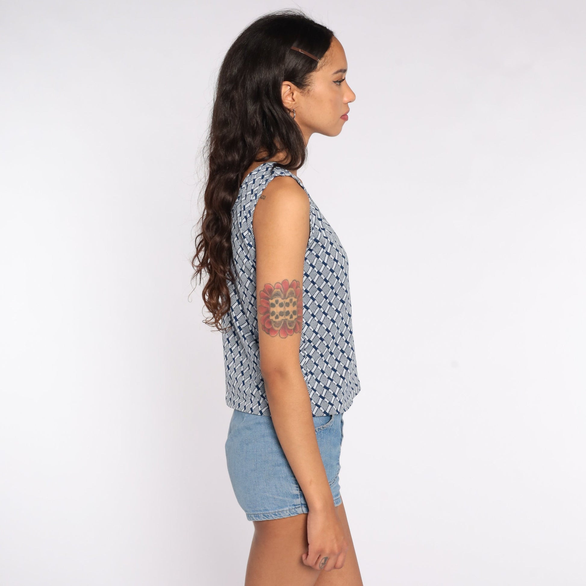 70s Geometric Tank Top Blue Checkered Sleeveless Blouse Small
