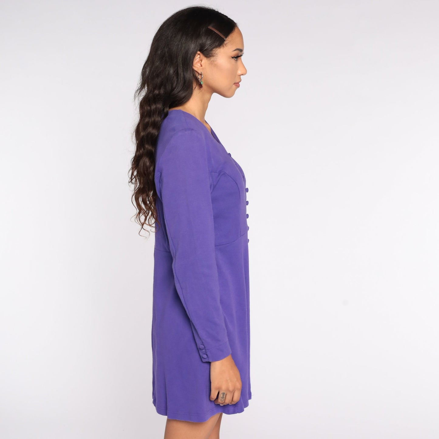 80s Purple Babydoll Mini Dress Button-Up High Waist Long Sleeve Medium