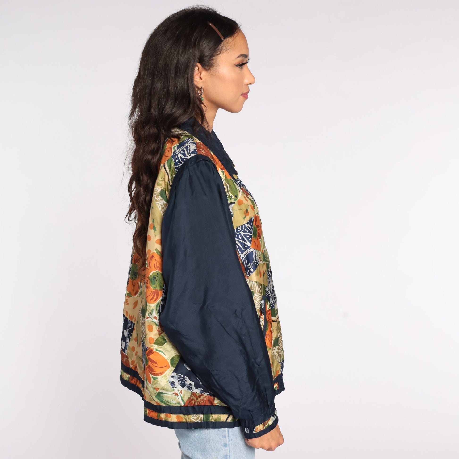90s Silk Windbreaker Jacket Floral Print Black Tan Medium