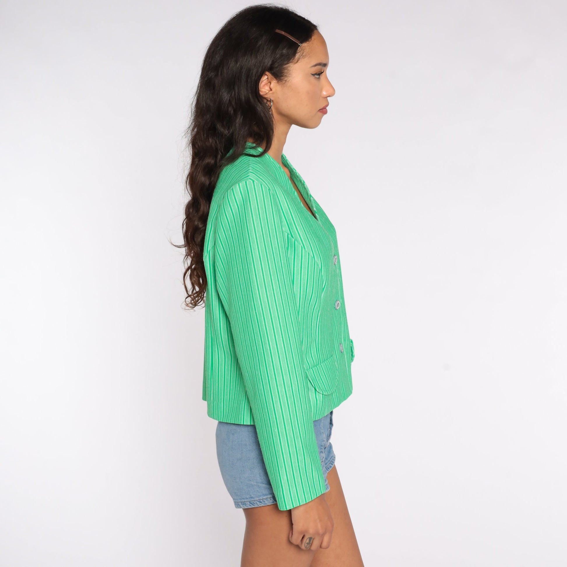 70s Green Striped Button-Up Shirt Long Sleeve Blouse V-Neck Large L