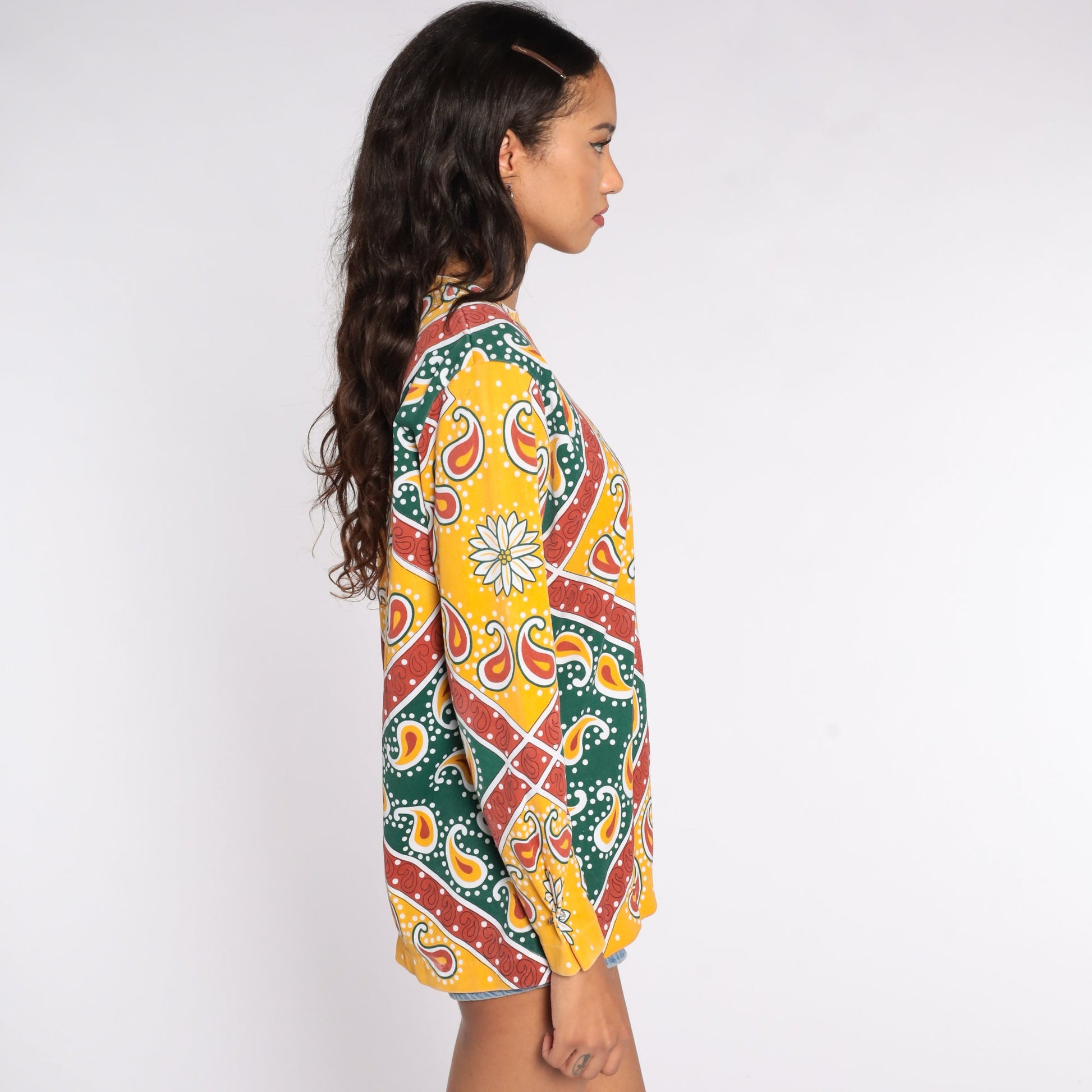 70s Psychedelic Floral Paisley Blouse Yellow Long Sleeve Extra Large